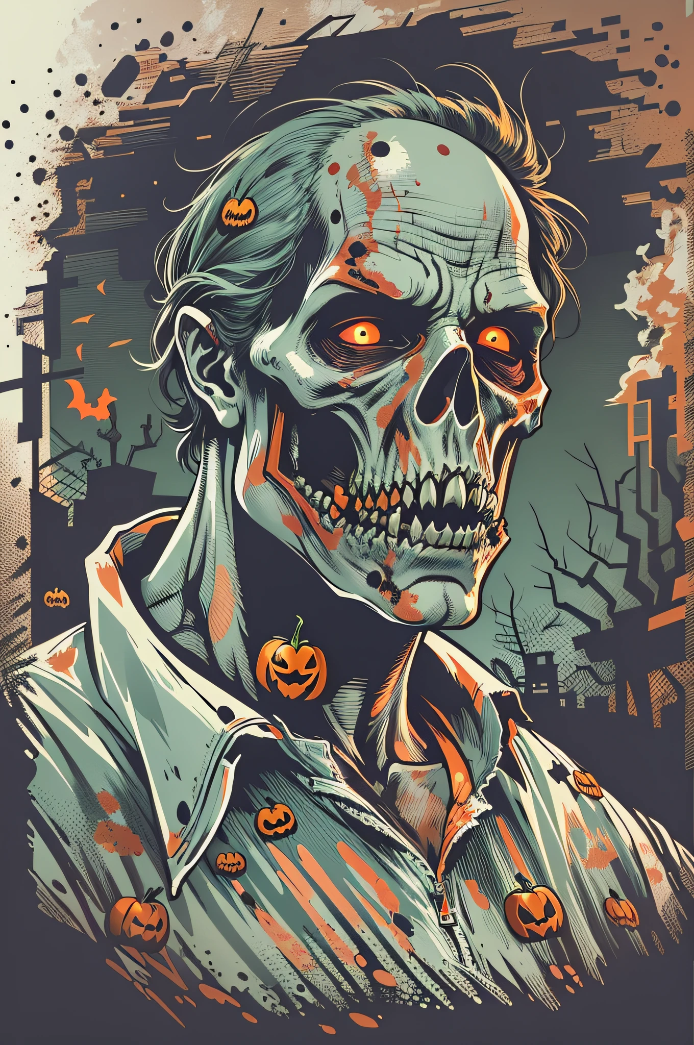 High quality design vector style image, t-shirt printing style, zombie graphic art, white background realistic colors, Halloween theme graphic design style Halloween scene