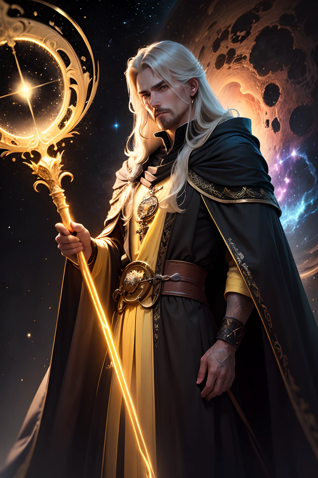 a man, mage, yellow long hair, Van__goatee, dark fantasy, detailed yellow and black cosmic robe, cosmic staff