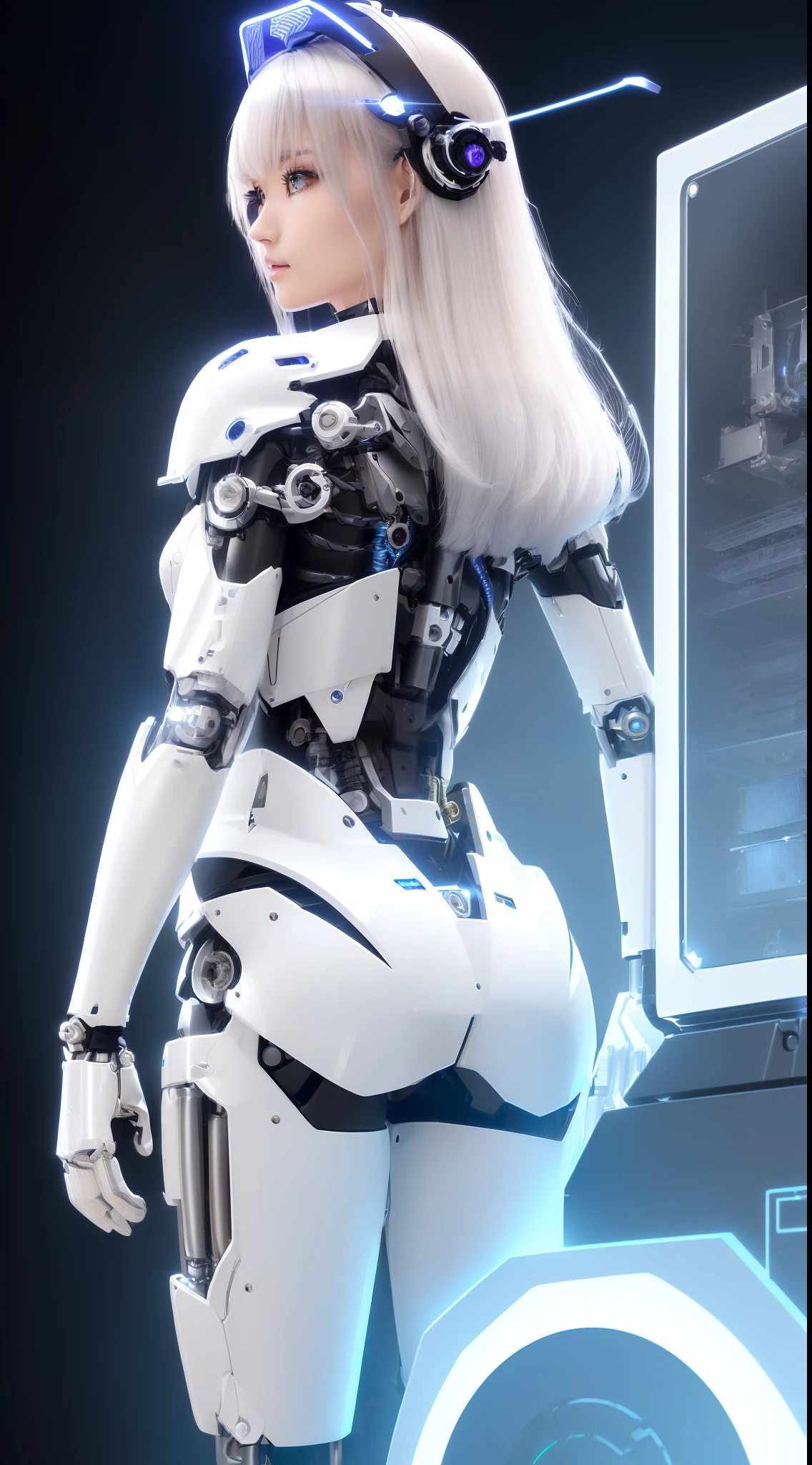 ((masutepiece)), ((top-quality), high quarity、ultra-definition, Realistic, (Ultra-fine face)、fulcolor 、scientific fiction、Beautiful robot police woman、((Cyberpolis))、((Mechanical joints))、Machine body、(((machine components)))、Actuator Joints、White porcelain mechanical armor、(Curvaceous face)、((Ultra detailed eyes))、thin mouth、deadpan、straight haired、(((Electronic substrate)))、Machine Gloves、(Sensor Antenna Headgear)、(facing back)