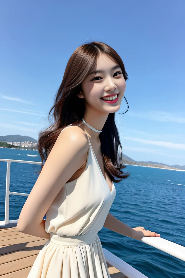 (((Draw only one woman: 2))), (Large cruiser sailing at sea)、(Beautiful Japan woman sitting on deck chair on deck)、(Beautiful magic hour sunset)、Beautiful woman in fashionable resort dress、(( 1screen))、4K, RAW shot, top quality photo, masterpiece, Nice realistic photos, ((Anatomically correct proportions : 1.5)), ((perfectly proportions)), beautiful woman like a Japanese actress, a small face、Detailed face, Detailed eyes, Narrow Nose, Detailed fingers, detailed arms, Detailed skin, Detailed legs, (((short torso:1.1 ))), (( Slim Style)), (Slender waist), ((Slender thighs: 1.2))), ((Colossal tits: 1.5)), Small beautiful ass, (shiny long hair)、happily laughing、Angle from the side、(Big breasts that are about to tear off the dress)、18-year-old beauty、a choker、耳Nipple Ring、A bracelet