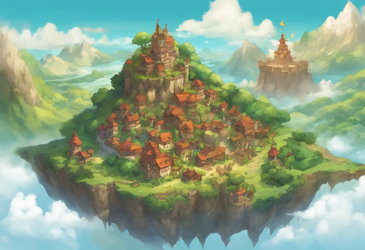masterpiece, floating islands, Zeal city from Chrono Trigger, Pandora floating mountains, flying kingdom, fantasy rpg, fantasy floating mountains, bird's-eye view, cities, castles, villages, temples, ruins