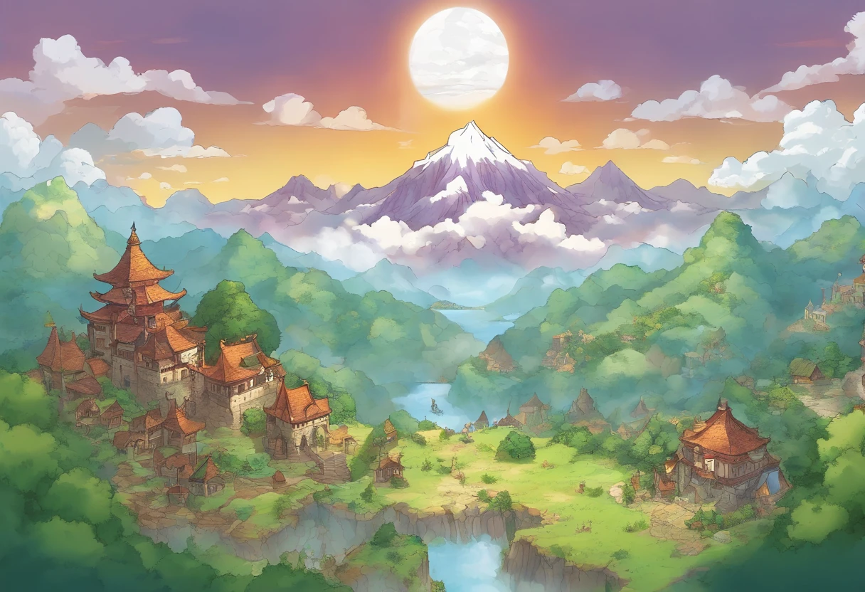 masterpiece, floating islands, Zeal city from Chrono Trigger, Pandora floating mountains, flying kingdom, fantasy rpg, fantasy floating mountains, bird's-eye view, cities, castles, villages, temples, ruins