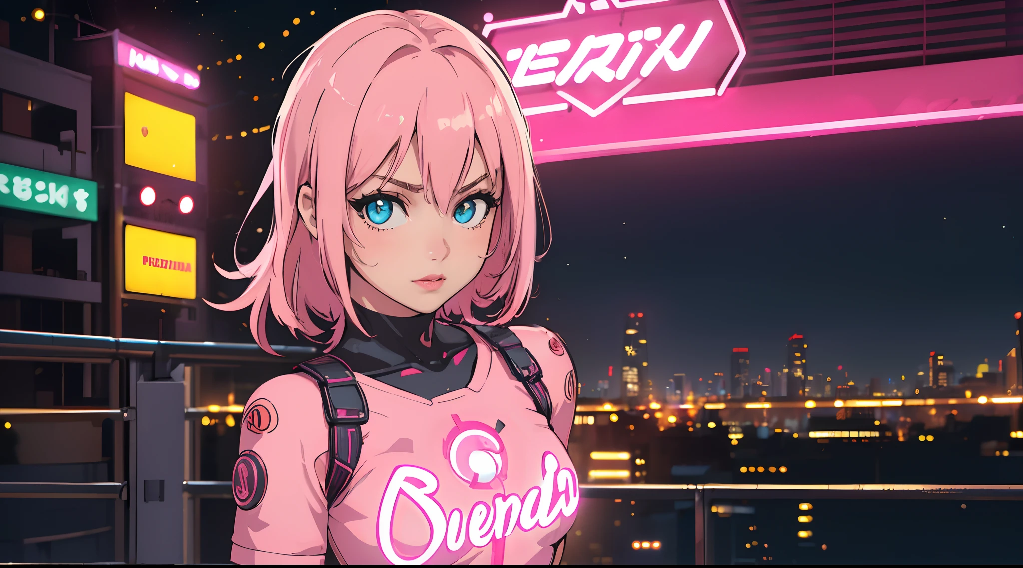 1girl, ((Lovely, Beautiful)), Corpo Perfeito, bochechas rosadas, cabelos longos e grossos, cabelo roxo,
camiseta,Peito Inferior,clivagem, bright lips,((Olhos detalhados)),
posing in front of neon buildings, ((pink neon sign, neon building background)), tokyolagii, Artgerm, estilo cyberpunk, flashback, 
((Realistic)), luz suave, Noite, 8k, (master part, best quality:1.5), Super Detalhe, profundidade de campo, Looking at the Viewer, ((cena do cowboy)), Dramatic, (((Bokeh))),