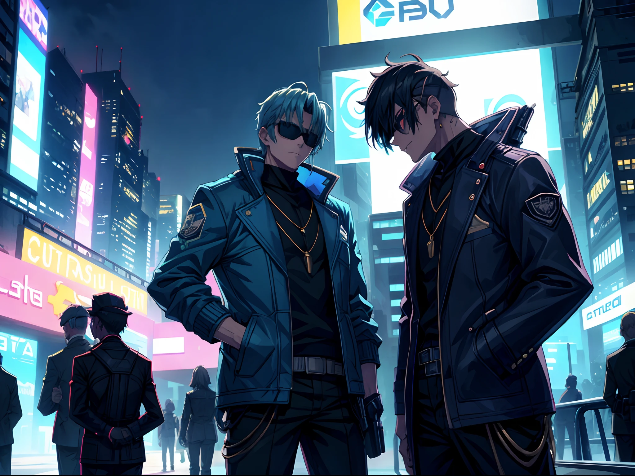 Detective, blue jacket, side swept hair, dark shades, cyberpunk city, night time, neon lights, hd, highres