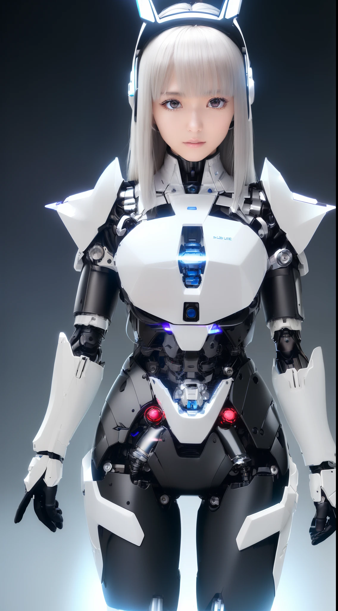 ((masutepiece)), ((top-quality), high quarity、ultra-definition, Realistic,  (Ultra-fine face)、fulcolor 、scientific fiction、Beautiful robot police woman、((Cyberpolis))、((Mechanical joints))、Machine body、(((machine components)))、Actuator Joints、White porcelain mechanical armor、(Curvaceous face)、((Ultra detailed eyes))、thin mouth、deadpan、straight haired、(((Electronic substrate)))、Machine Gloves、(Sensor Antenna Headgear)、(facing back)