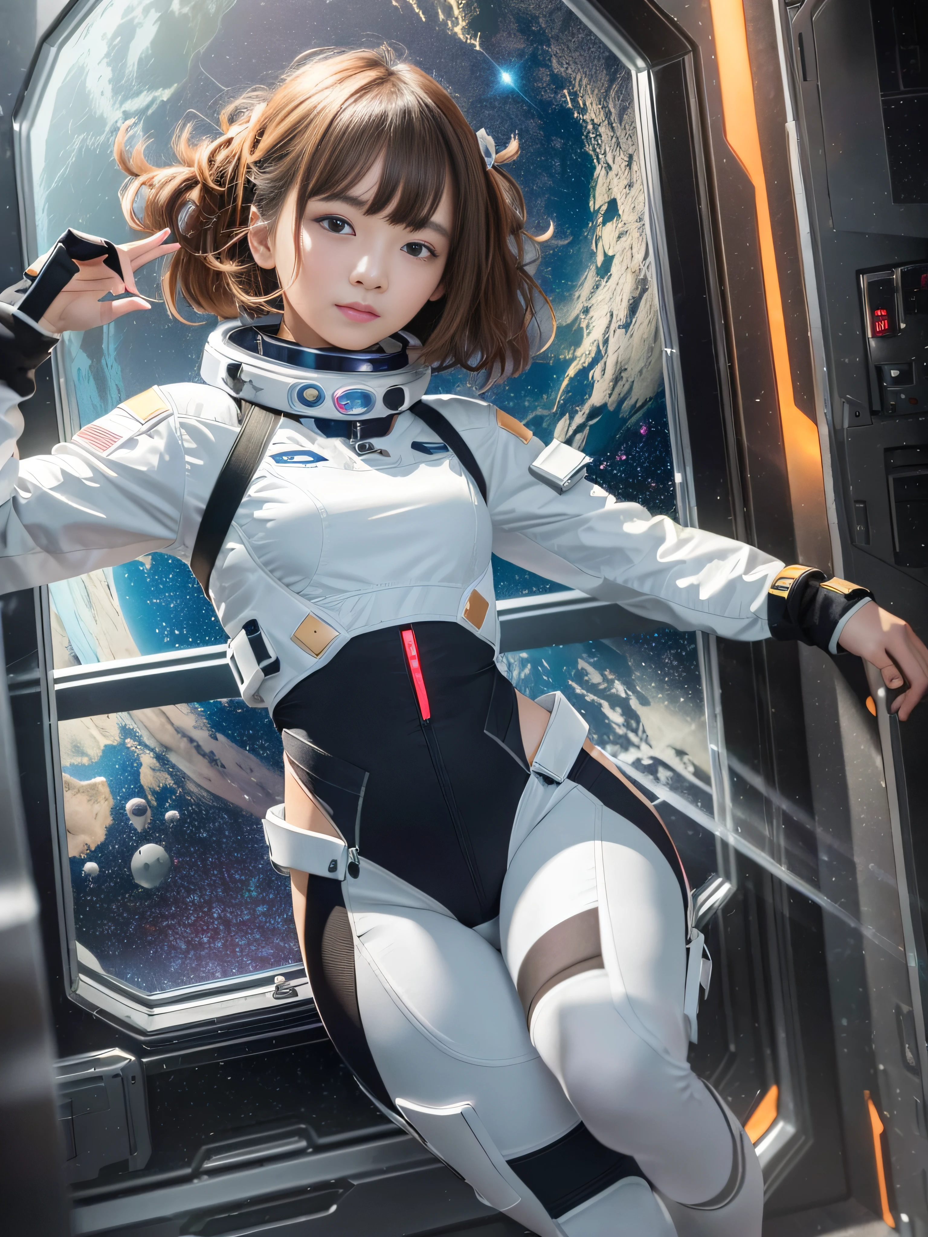 RAW image quality、8K分辨率、Ultra-detailed CG footage、((top-quality)), (​masterpiece)), (detaileds: 1.4), 3D, Absurd resolution、hight resolution、(​masterpiece:1.4)、ultra-detailliert、1 beautiful girl、Images of women in the near future, Shiny brown hair, Beautiful brown eyes, beautiful countenance, 20yr old、kosmos、Planktonic,small tits、space suits、spaceships、management、window、mirai、Dynamic poses、full bodyesbian、change of clothes