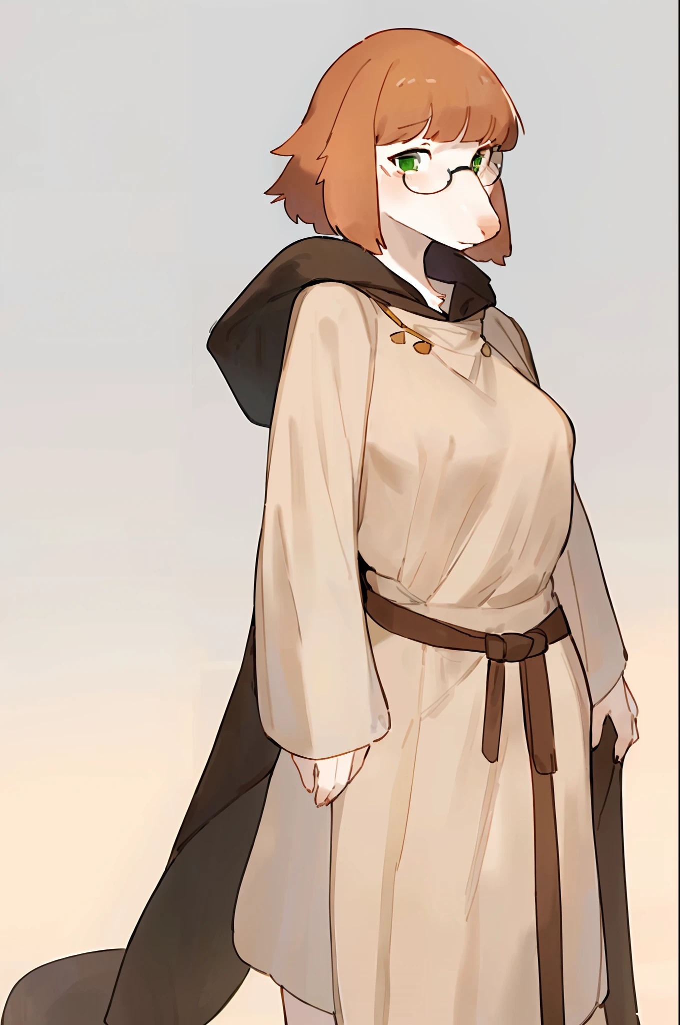 Solo, female, standing, by bebebebebe, by buta99, ((borzoi, snout, hair, bangs)), ginger hair, short hair, white fur, green eyes, big nose, medium breasts, linen tunic, cloak, glasses