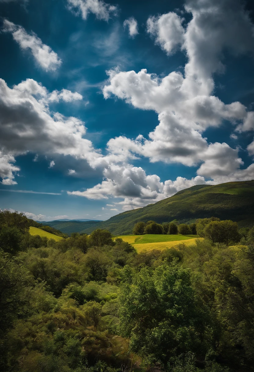blue skies, nuvens brancas, pastagem ensolarada