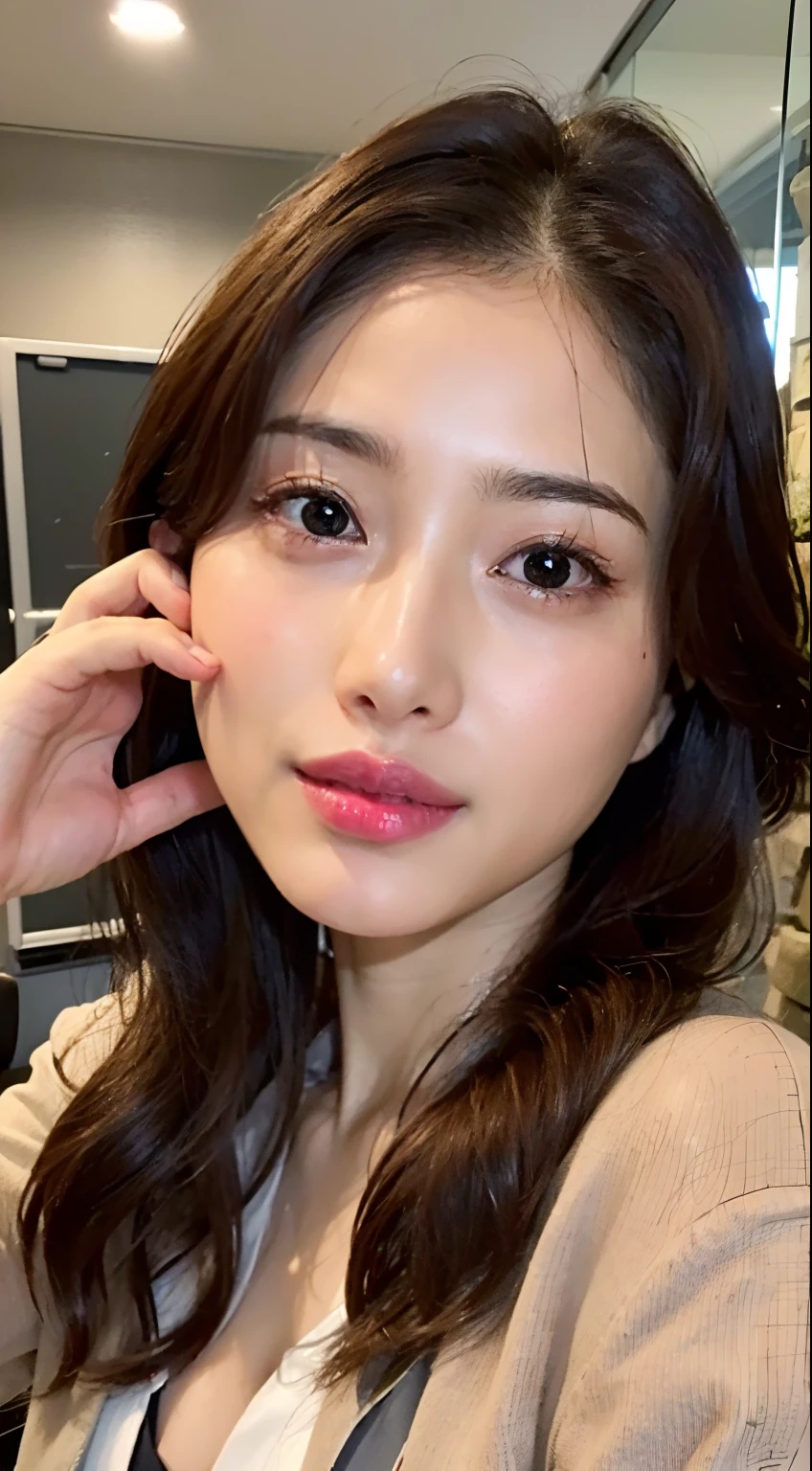 ((Realistic Light, Best Quality, 8k, Masterpiece: 1.3)), 1 Girl, Slim Body Beauty: 1.4, Brown Hair, (((Super Big: 1.3)), Off-Shoulder Cut Top: 1.3, Ultra Detailed Face, Detailed Eyes, Double Eyelids, Own Room, Smile, Cleavage, Saggy Breasts, (((Sagging Breasts)), (((Beauty)), But I am hotter when my morning hair's a mess, sleeping face,