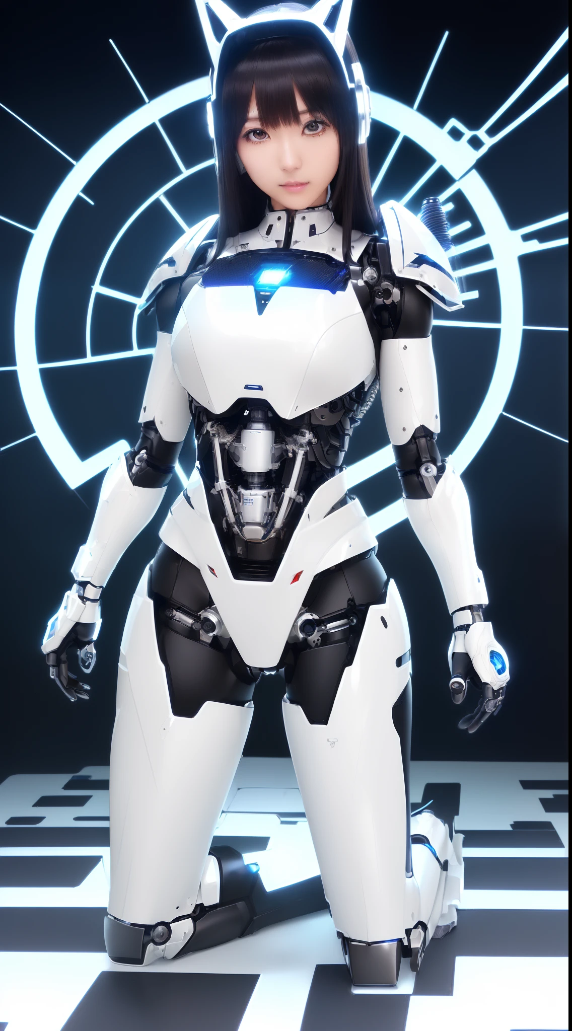 ((masutepiece)), ((top-quality), high quarity、ultra-definition, Realistic, (Ultra-fine face)、fulcolor 、scientific fiction、Beautiful robot police woman、((Cyberpolis))、((Mechanical joints))、Machine body、(((machine components)))、Actuator Joints、White porcelain mechanical armor、(Curvaceous face)、((Ultra detailed eyes))、thin mouth、deadpan、straight haired、(((Electronic substrate)))、Machine Gloves、(Sensor Antenna Headgear)、facing back、Get on your knees