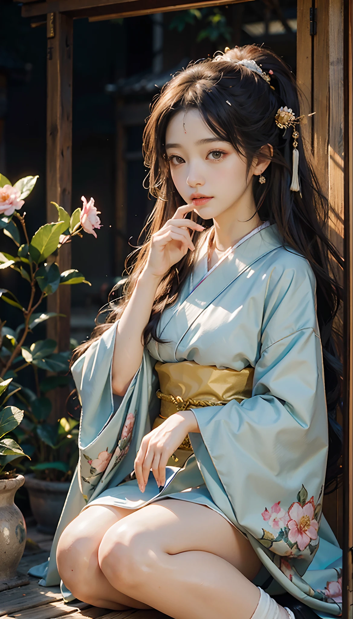 meticulous portrayal of face，1 noblewoman，(Hairpins)，(Camellia kimono)，(Long flowing colored hair)，Simple and elegant Japanese clothing，Collar，(black sock+，clogs)， s the perfect face， perfect hand， Perfect Finger， Perfect lips， perfect  eyes，Extremely normal body，Ancient Japanese town background，Perfect background