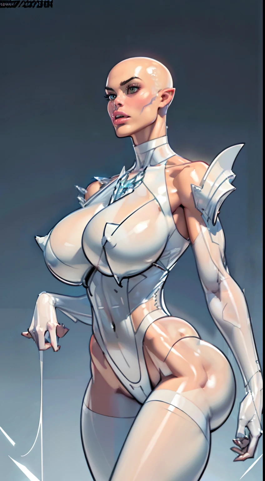 8k ((long neck:1.5))((full body view))((view from below:1.5)),(large eyes:1.3), defined cheekbones, looking back, ((the pit style:1.4))((sleek translucent body:1.6)) ((intricate translucent details:1.4))detailed face:1.5), translucent skin,(puffy lips:1.5) (translucent skin:1.6), (bald woman:1.7), (skinhead) ((sexy pose)),(Muscular:1.3), ((gigantic breasts:1.5)), )highly detailed, majestic, digital photography, art by artgerm and ruan jia and greg rutkowski, ((clear shoulder pads:1.2)), (masterpiece), sidelighting, intricate details, (((white color palette))), body appears see through