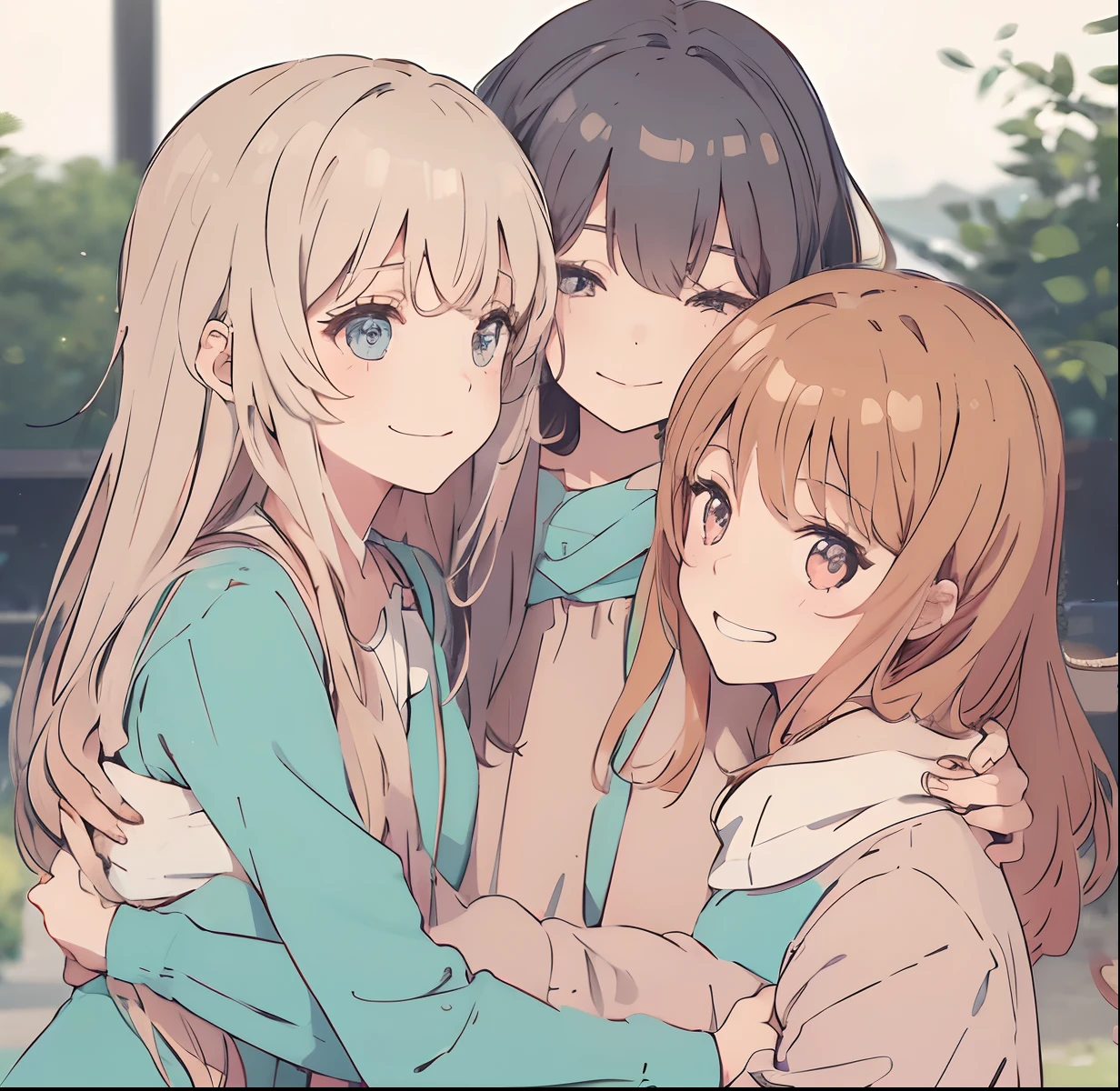 3girls, different hairstyles,  different hair color, hug, long hair, beautiful background