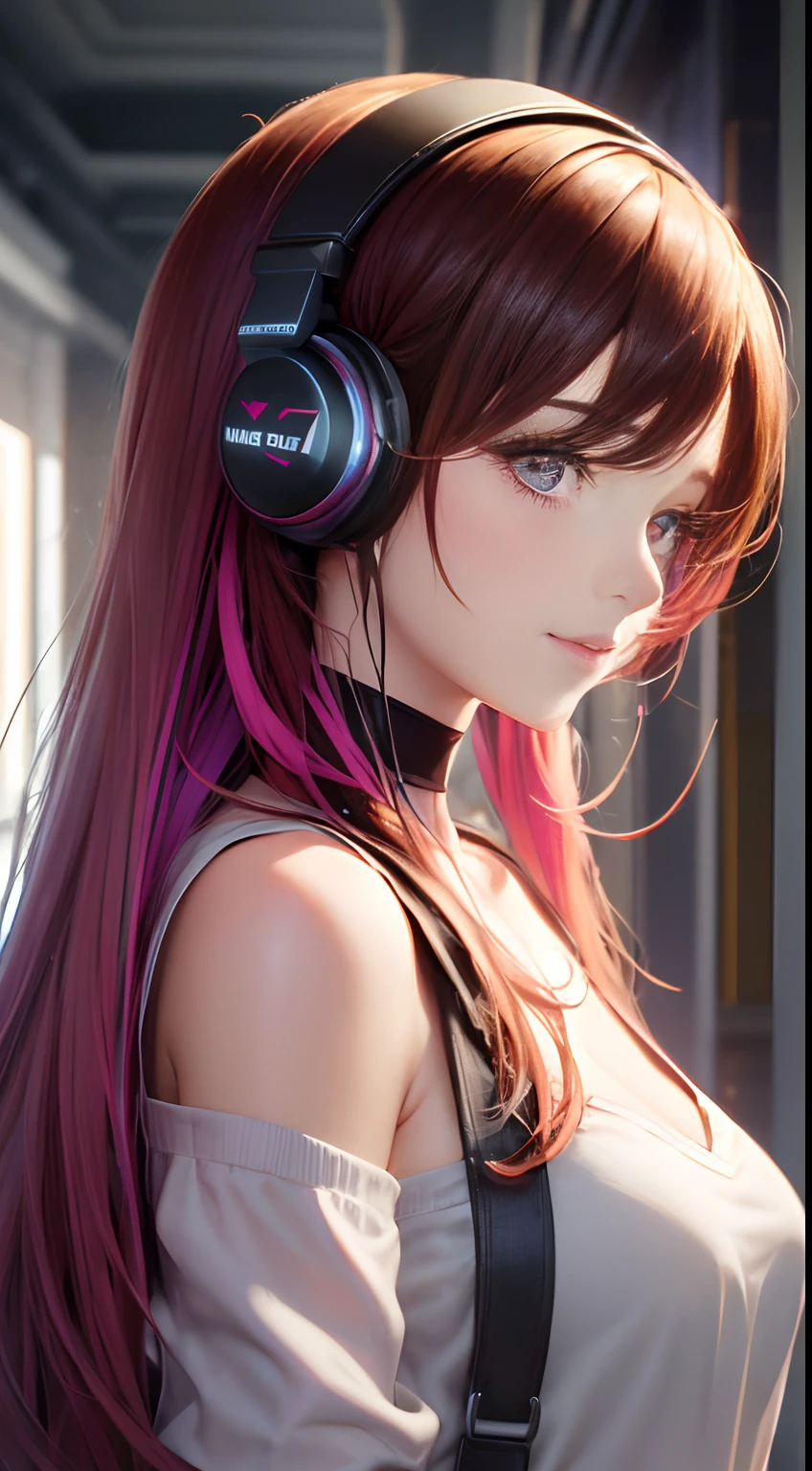 ((best qualtiy)), ((tmasterpiece)), (detail:1.4), Beautiful Cyberpunk Woman Image,headphones、Heart-shaped choker、sixteen years old, nffsw(HighDynamicRange),Ray traching,NVIDIA RTX,Hyper-Resolution,illusory 5,Sub-surface scattering,PBR Textures,post processed,Anisotropy Filtering,depth of fields,maximum definition and sharpness,multi-layer texture,Albedo e mapas Speculares,Surface Coloring,Mitsu-Accurate simulation of material interactions,Perfectly proportioned,rendering by octane,Two-colored light,Large aperture,Low ISO,White Balance,Rule three points、8K raw data、Beautiful bright red pupils,Off-the-shoulder clothing,Fine pupils,Delicate face and eyes,long eyelasher,Blushlush,Delicate and fluffy hair,Pink twin tail hair with light blue gradient,lip,pure,Cute face,Sweet girl,Artistic sense,Casual wear,Advanced Sense、, Beautiful Hair Accessories,long hair and waist,Hair fluttering in the wind,gazing at viewer、front facing、A slight smil