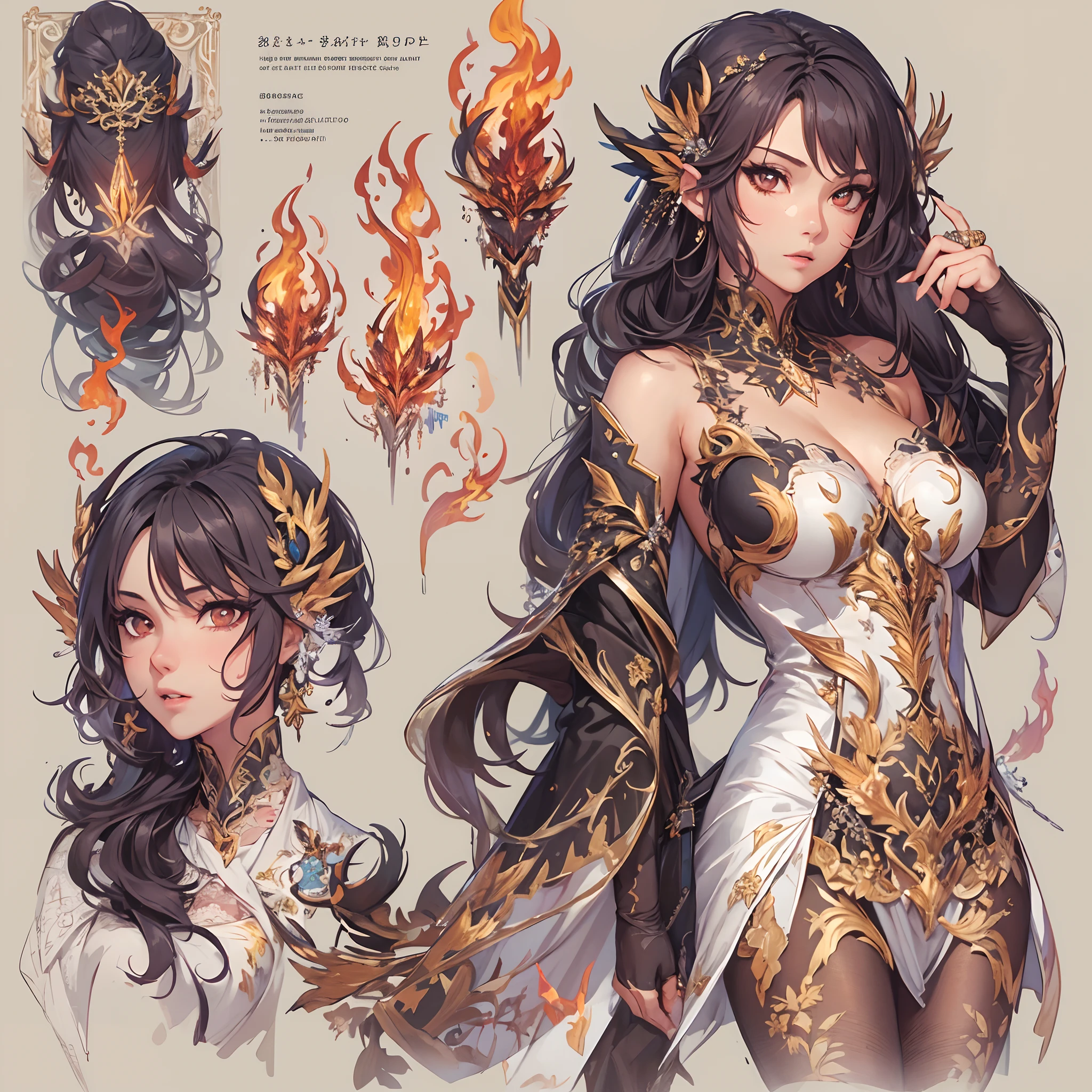 ((Masterpiece, Highest quality)), Detailed face, CharacterDesignSheet， full bodyesbian, Full of details, Multiple poses and expressions, Highly detailed, Depth, Many parts，female mage，double-ponytail，estilo fantasia，Surrounded by flames，Extremely beautiful，High Balance, Natural light, Lace，lacepantyhose，Phoenix decoration，Flame decoration，mirror surface