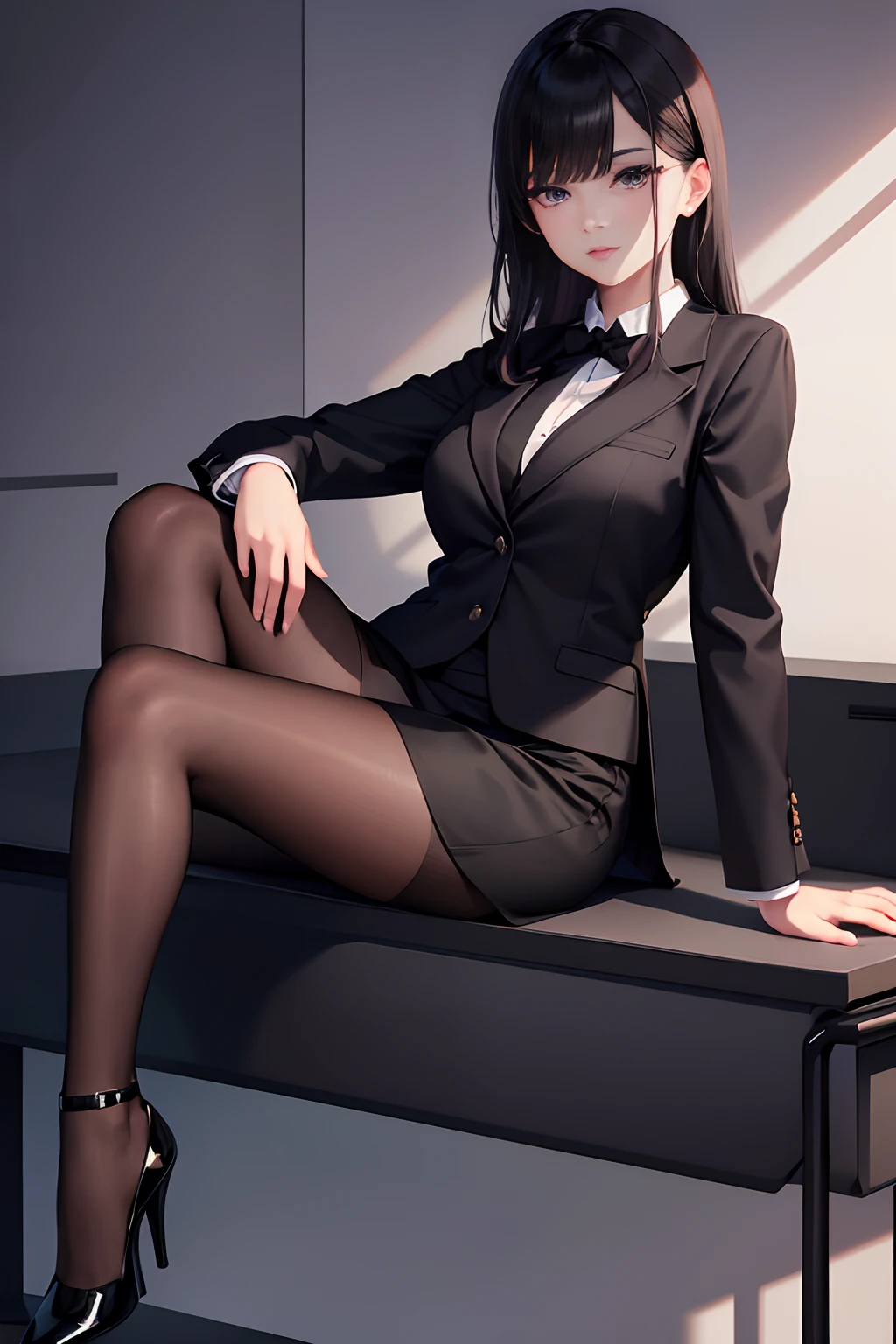 Officelady、Black jacket、Black tight skirt、White blouse、Black tights、High pumps with black heels、Black hair、s Office、lana、Beautiful woman、gazing at viewer、Looking here、hight resolution、top-quality、full body Esbian、animations、illustratio、Ultra-detailed delicacy