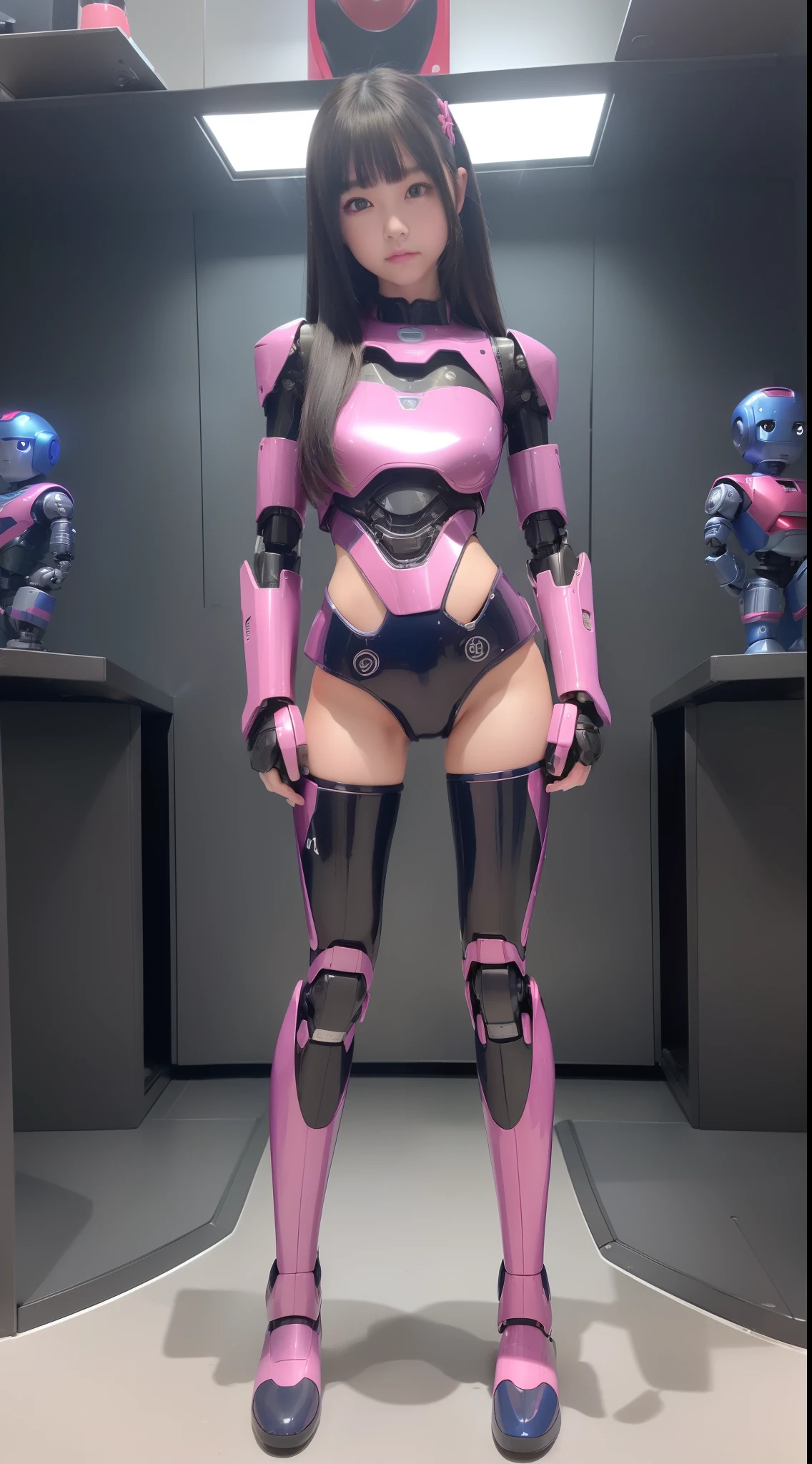 (Photorealsitic:1.4)、One girl、(top-quality)、(hyperdetailed face)、(Super well-formed face)、((Robot Parts))、(Robot Girl)、(Blue)、(pink there)、(Burgundy)、(metalic)、(Full body)、(sexy  pose)、(Slender body)、(Model body type)、(full body mech)、(akihabara)、(is looking at the camera)、(A dark-haired)、(Well-proportioned girl)、(a small face)、(Idol)、(front facing)、(Standing with legs open)、(Hands on hips)、(Photo session)、(Looks sad)、(Perfect Robot Girl)、(Perfect machine body)
