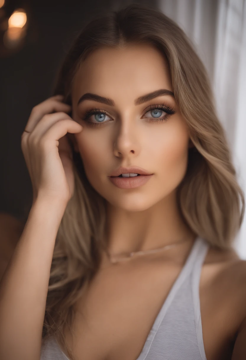 woman with matching tank top and panties, Sexy girl with blue eyes, portrait sophie mudd, portrait corinna kopf, blonde hair and large eyes, Selfie einer jungen Frau, Augen im Schlafzimmer, Violet Myers, ohne Make-up, Natural makeup, Blick direkt in die Kamera, Gesicht mit Artgram, dezentes Make-up, Stunning full body shot, im Schlafzimmer, Spaltung