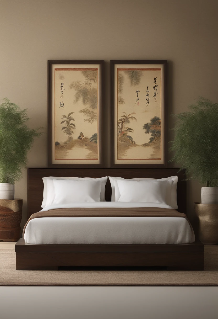On the wall of the room there is a painting with a vase, oriental wallpaper, Detailed scenery —width 672, Zen temple background, inspired by Emperor Huizong of Song, background depicting a temple, interior background art, personal room background, palace background, There is only one wall,inspired by Ohara Koson, chinoiserie wallpaper