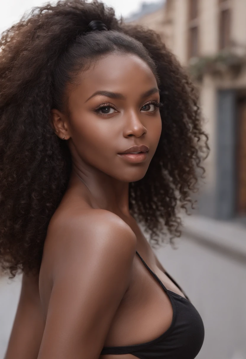 ((Dark African skin, Very deep ebony skin)), ((Its beauty is undeniable)), ((cute excited face)), ((Hyper detailed perfect eyes,)), ((pose mignonne)), ((Langue sortie)), ((Attirant )), sexy, (( Tight knit shirt, shorts courts sexy)), ((Afro curly African hair afro ponytail afro,)), (( peau)), ((debout, vue de face)), ((toucher ses propres jambes dans une pose sexy)), ((dehors, Ville publique)), CGI ciblé, Fotorrealista, High detail, Realstic, Master part, Absurde, Best quality, Hdr, highly quality, high-definition, extremly detailed, 8k wallpaper, intricate high detail, 8K UHD, Full-HD, (photo realist:1.2), contraste, intense illumination, lighting cinematic, natural lighting, hard light, contre-jour, Illumination globale, occlusion ambiante selfie nsfw