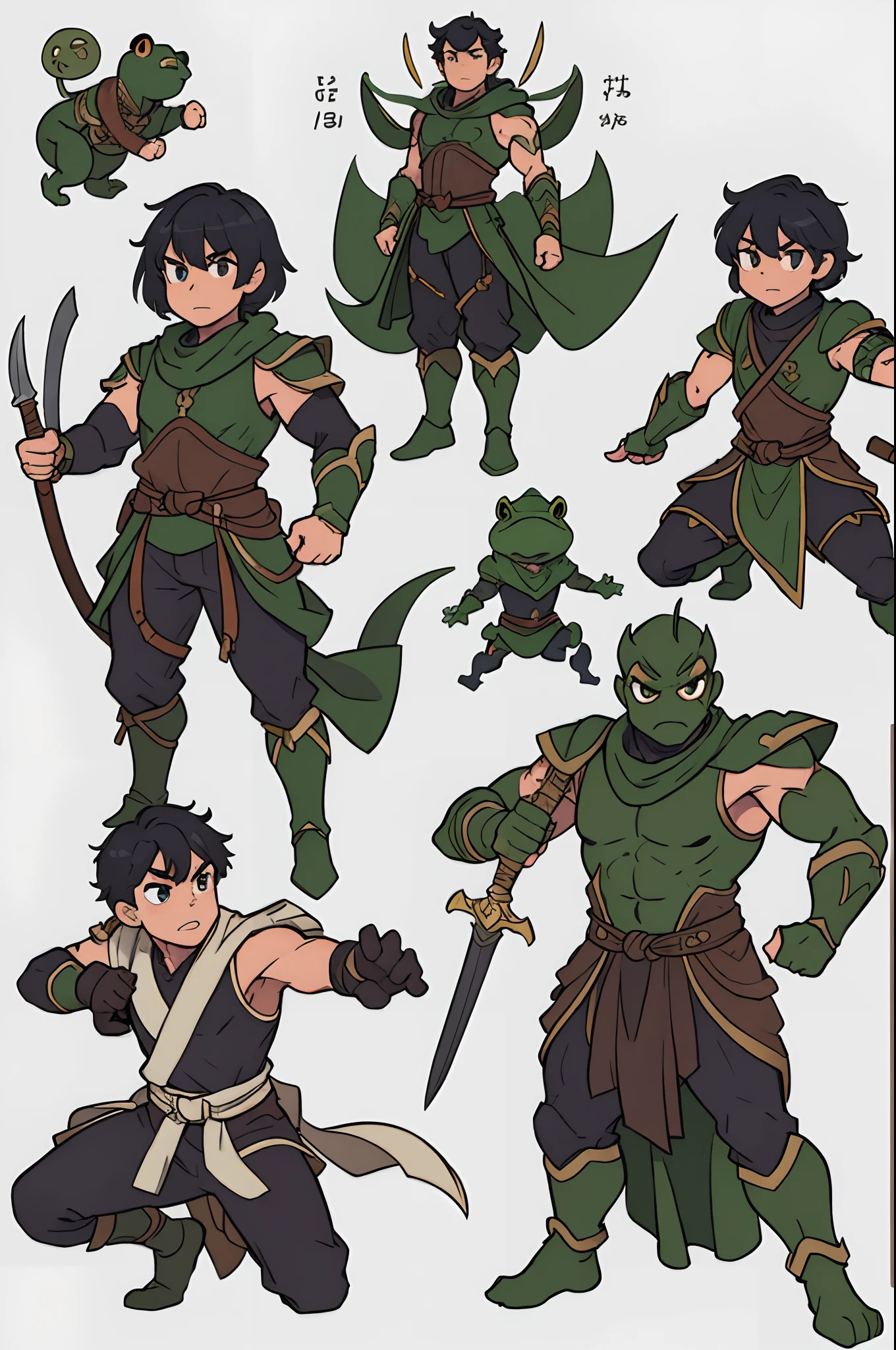 masterpiece, high detailed, fantasy character, frogman, warrior, best quality, turnaround sheet, character chart, reference sheet, multiple poses, fighting pose, martial pose, weapon pose, character turnaround sheet, vector, white background