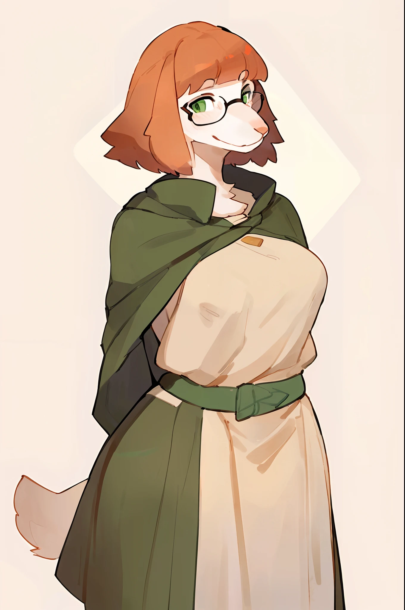 Solo, female, standing, by bigcozyorca, by bebebebebe, by buta99, ((borzoi, snout, hair, bangs)), ginger hair, short hair, white fur, green eyes, big nose, medium breasts, linen tunic, cloak, glasses