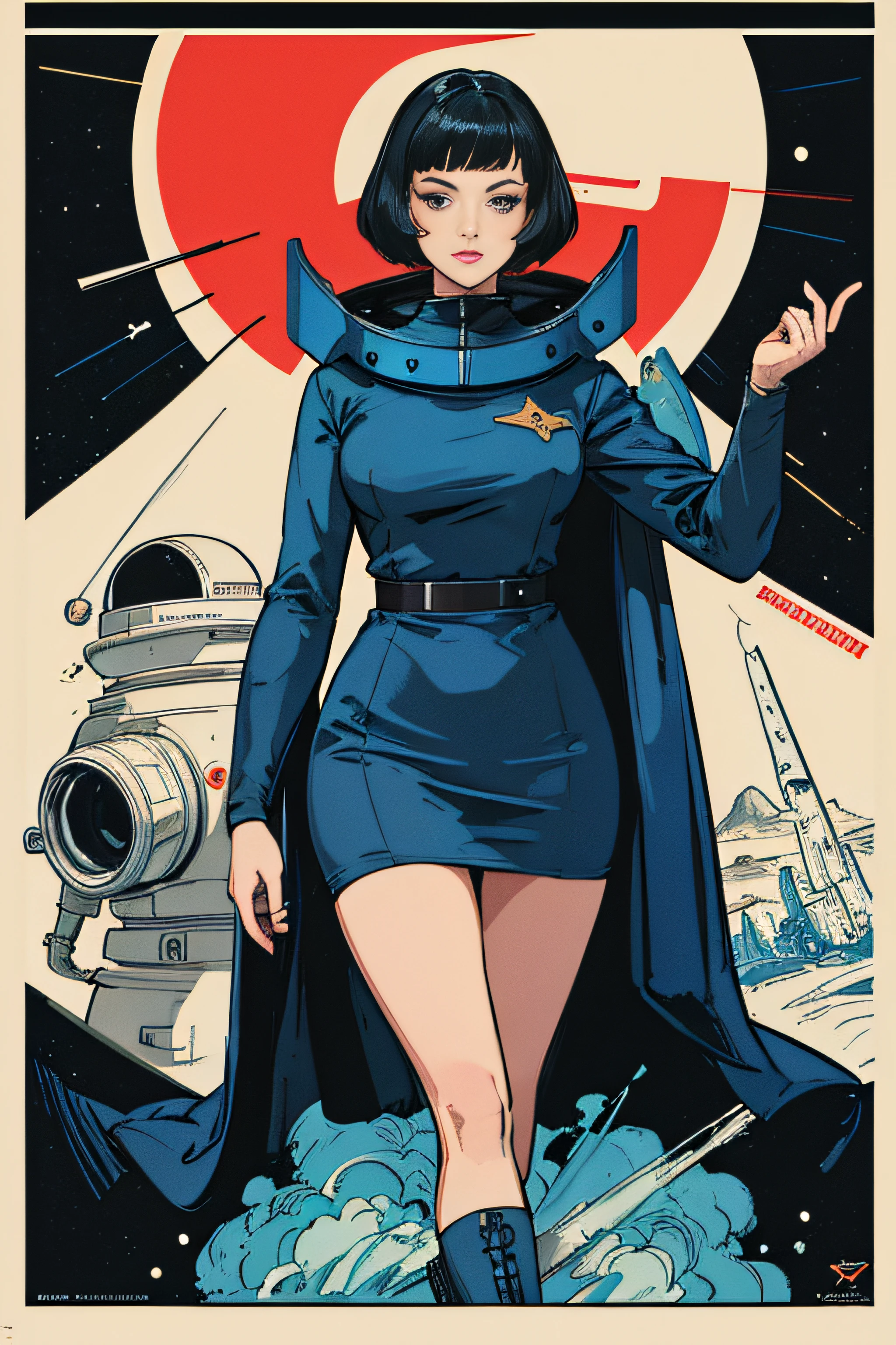 (Masterpiece, Best Quality), 8k Wallpaper, highly detailed, poster, vintage science fiction, 1960s, sexy female space thriller cinematic movie poster, Bauhaus, shapes, lines, abstract, propaganda, mid century modern, movie poster, vintage,