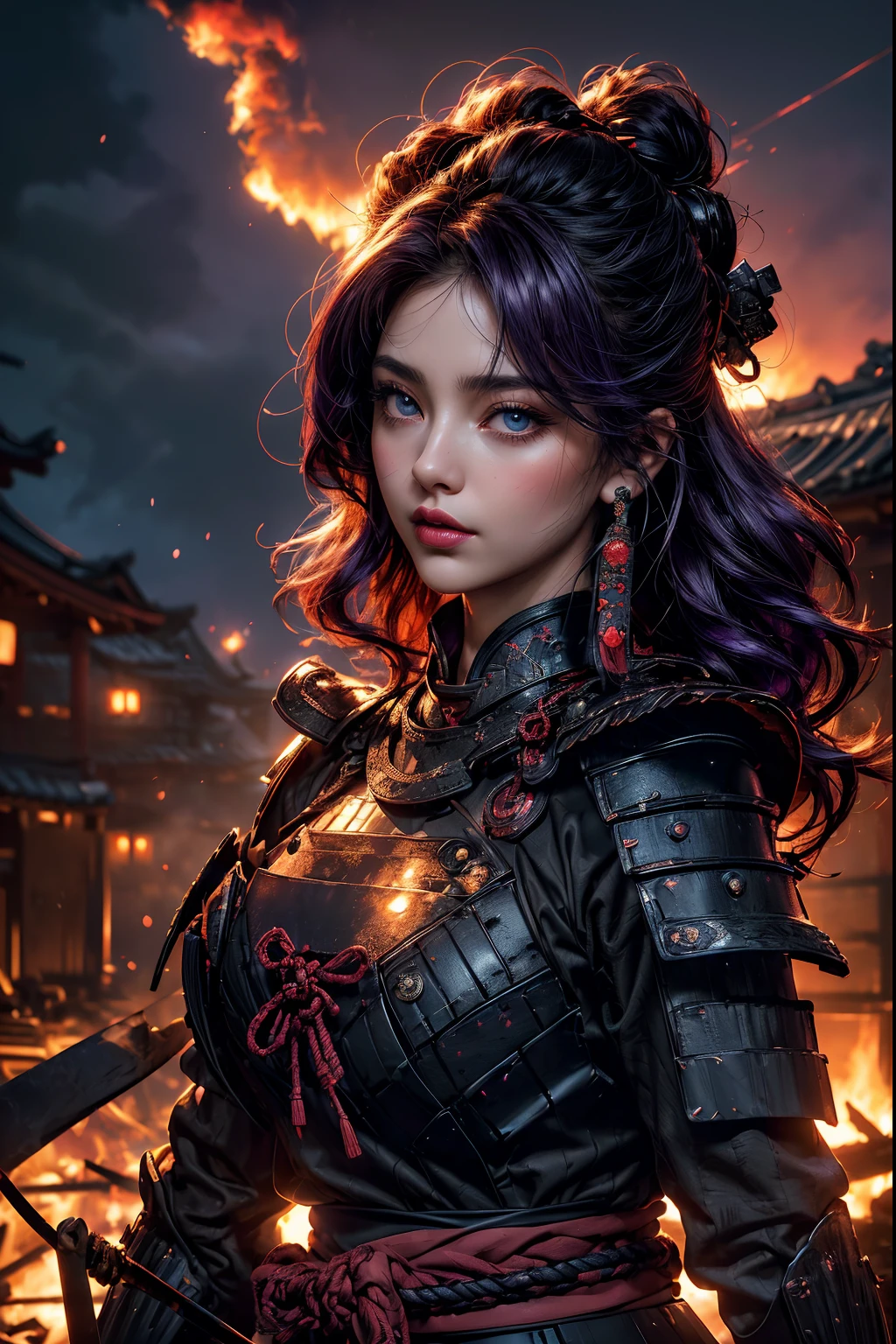 ((fullbody wide shot : 1.2)) 1girl, ((elegant and mature lady : 1.2)), cute pose, ((medium length hair : 1.4)), wavy hair, curled sidelocks, medium sidelocks, ((short ringlets)), neat hime bangs, (dark purple hair:1.3), blushing, full face blushing, narrowed sparkling blue eyes, ((glowing eyes : 1.3)), (full lips:1.3), (glossy red lipstick:1.3), (slight smile), (beautiful detailed blue eyes:1.2), ((medium size breast))
((traditional samurai armor:1.3)), ((full coverage, modest : 1.4)), ((dark purple undershirt:1.2)), ((ombre gradient, black to purple gradient : 1.3)), bright red ((waist sash)), ((hyperdetailed armor )),
looking at you, vintage girl, (extremely detailed CG unity 8k wallpaper) (best shadow), ((an extremely delicate and beautiful)), (detailed light), ((depth of field)) big head, big sparkling eyes, cinematic lighting, frontal view, volumetric lighting maximalist photo illustration 64k resolution high res intricately detailed complex key visual precise linear lineart
((Standing in the ruins of an ido period Japanese village, in the village center, surrounded by burning buildings from the recently completed battle, smoke in the air, smoky red clouds)), ((hyperdetailed scenery, vast red skies, vast red skyline in distance behind her: 1.3)) , armor,