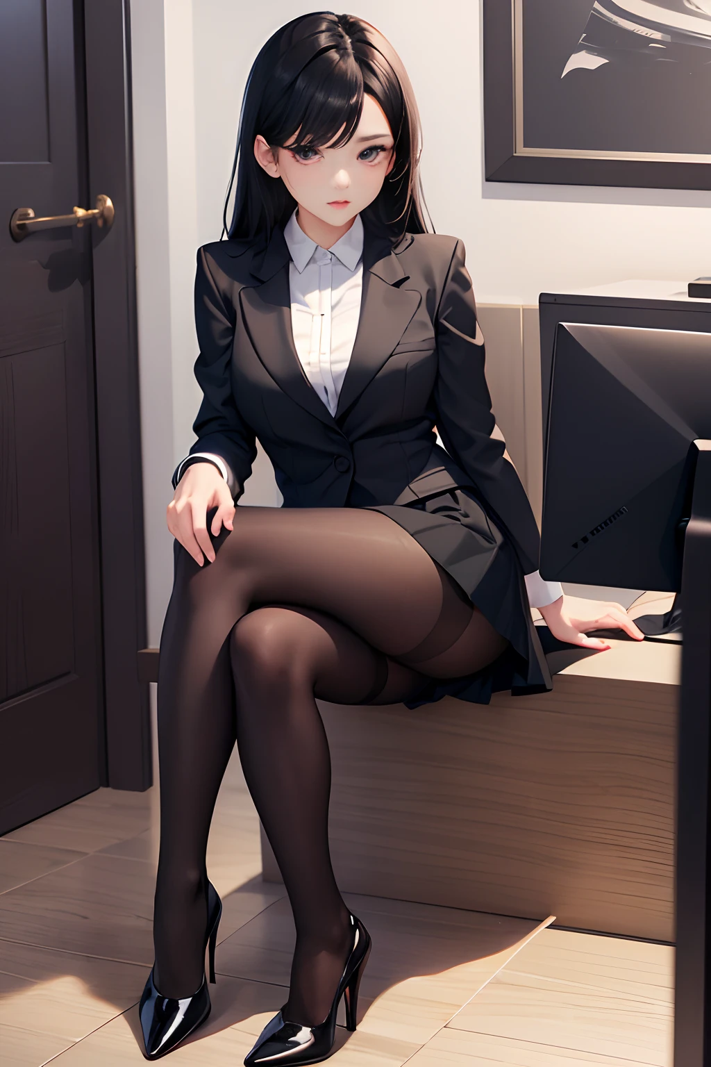 Officelady、Black jacket、Black tight skirt、White blouse、Black tights、High pumps with black heels、Black hair、s Office、lana、Beautiful woman、gazing at viewer、Looking here、hight resolution、top-quality、full body Esbian、animations、illustratio、Ultra-detailed delicacy