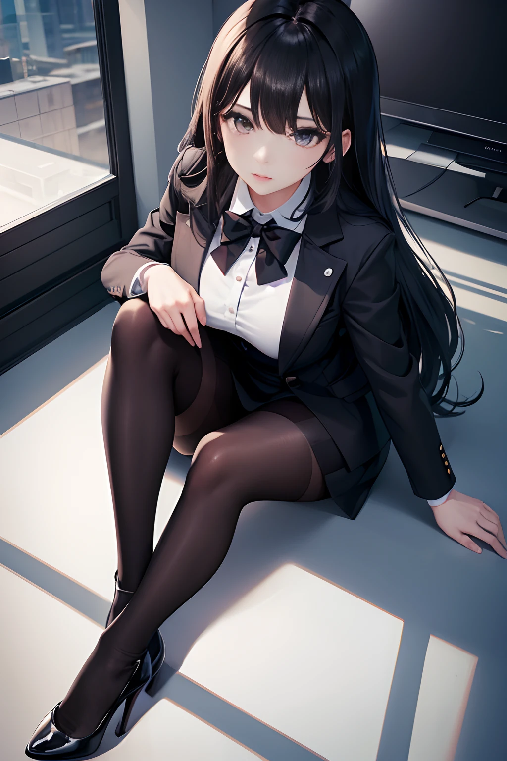 Officelady、Black jacket、Black tight skirt、White blouse、Black tights、High pumps with black heels、Black hair、s Office、lana、Beautiful woman、gazing at viewer、Looking here、hight resolution、top-quality、full body Esbian、animations、illustratio、Ultra-detailed delicacy