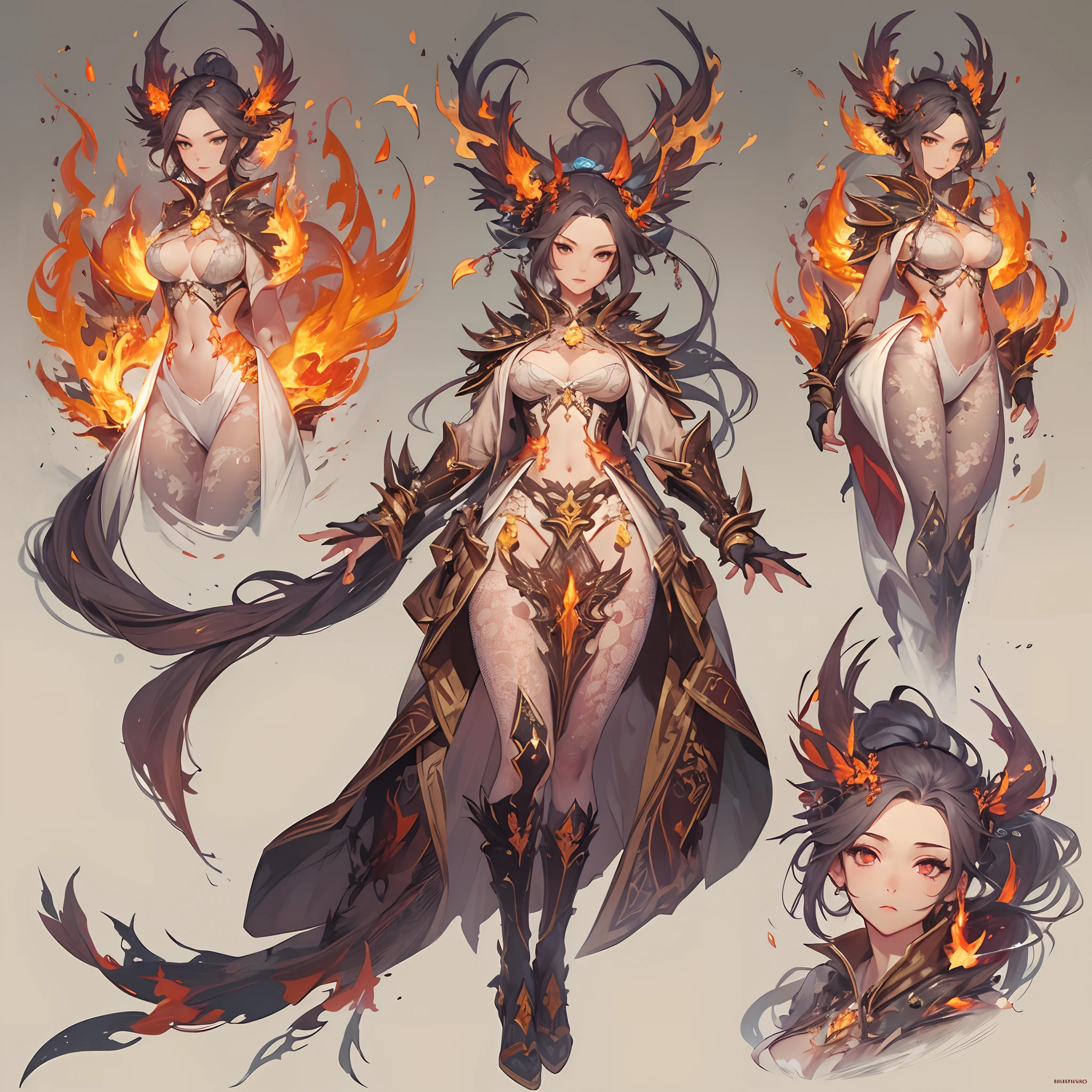 ((Masterpiece, Highest quality)), Detailed face, CharacterDesignSheet, full bodyesbian, Full of details, Multiple poses and expressions, Highly detailed, Depth, Many parts,female mage,double-ponytail,estilo fantasia,Surrounded by flames,Extremely beautiful,High Balance, Natural light, Lace,lacepantyhose,Phoenix decoration,Flame decoration,mirror surface
