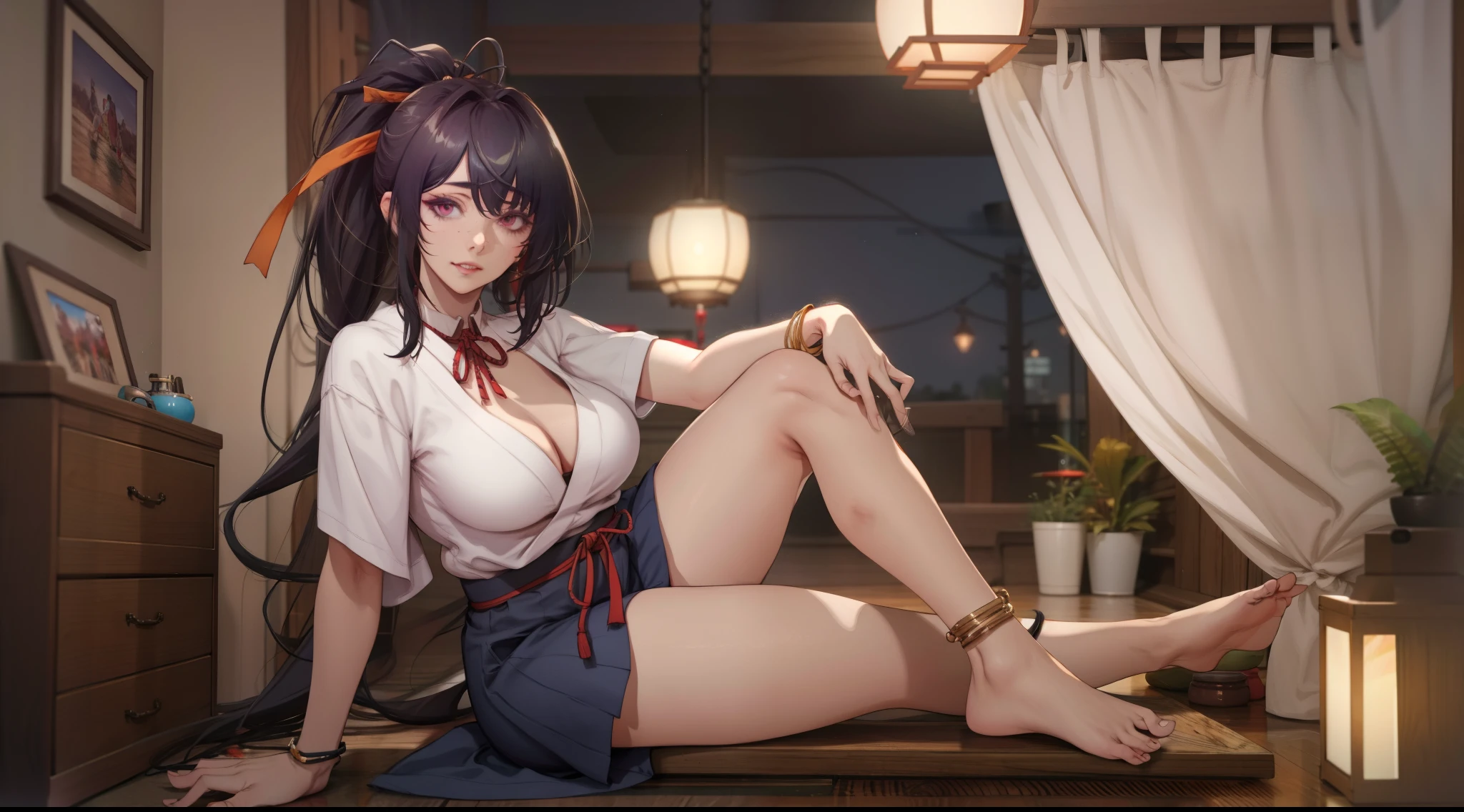 himejima_akeno, (black hair, ponytail, long hair, ribbon:1.6) 1girl, breasts, bottle, solo, sitting, indoors, large_breasts, barefoot, bookshelf, plant, lamp, lantern, looking_at_viewer, japanese_clothes, potted_plant, bracelet, anklet, cleavage, short_sleeves, glow effects, godrays, Hand drawn, render, 8k, octane render, cinema 4d, blender, dark, atmospheric 4k ultra detailed, cinematic, Sharp focus, big depth of field, Masterpiece, colors, 3d octane render, 4k, concept art, trending on artstation, hyperrealistic, Vivid colors, extremely detailed CG unity 8k wallpaper, trending on CGSociety, Intricate, High Detail, dramatic