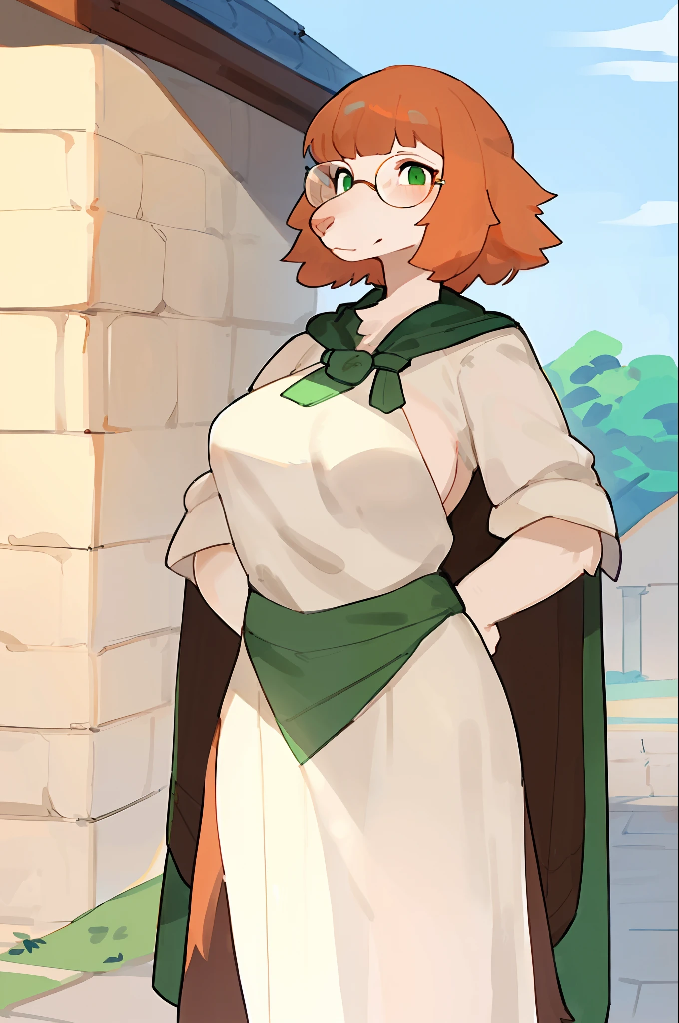 Solo, female, standing, by bigcozyorca, by bebebebebe, by buta99, ((borzoi, snout, hair, bangs)), ginger hair, short hair, white fur, green eyes, big nose, medium breasts, linen tunic, cloak, glasses, hands behind back