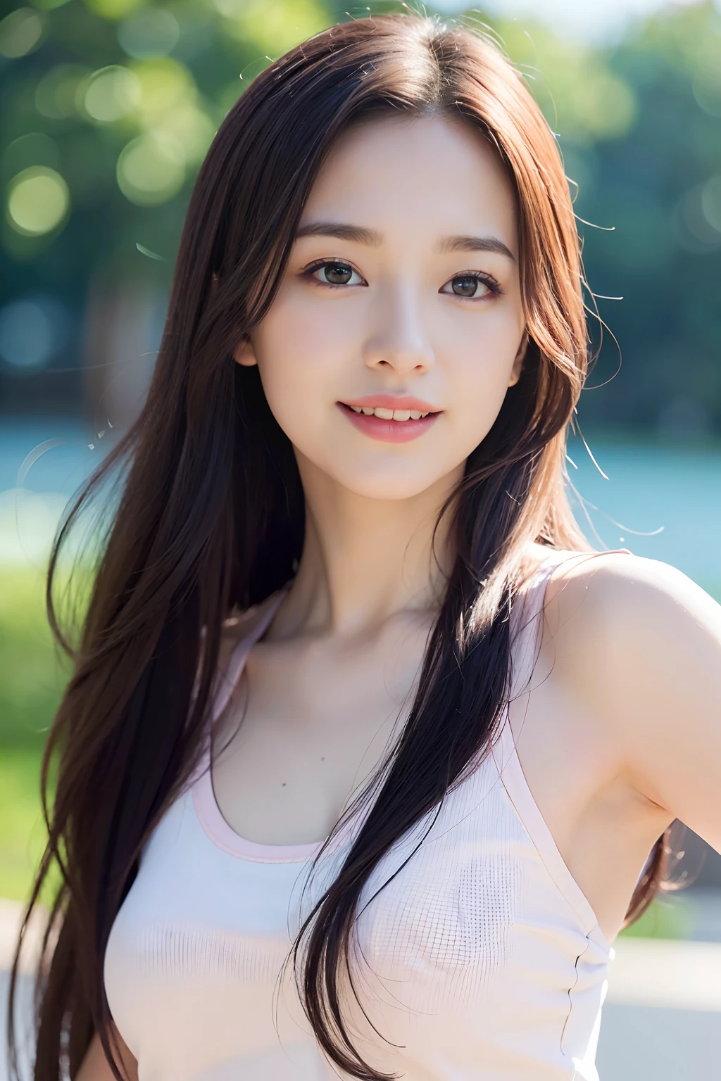 (8k, Best Quality, Masterpiece:1.2), (Realistic, Photorealistic:1.37), Ultra Detail, 1 Girl,Cute,Solo,Beautiful Detailed Sky,Date,(Blush),(Smile:1.15),(Closed Mouth)Small Breasts,Beautiful Detailed Eyes,(Long Hair: 1.2),Floating Hair NovaFrogStyle, Upper Body, Tank Top