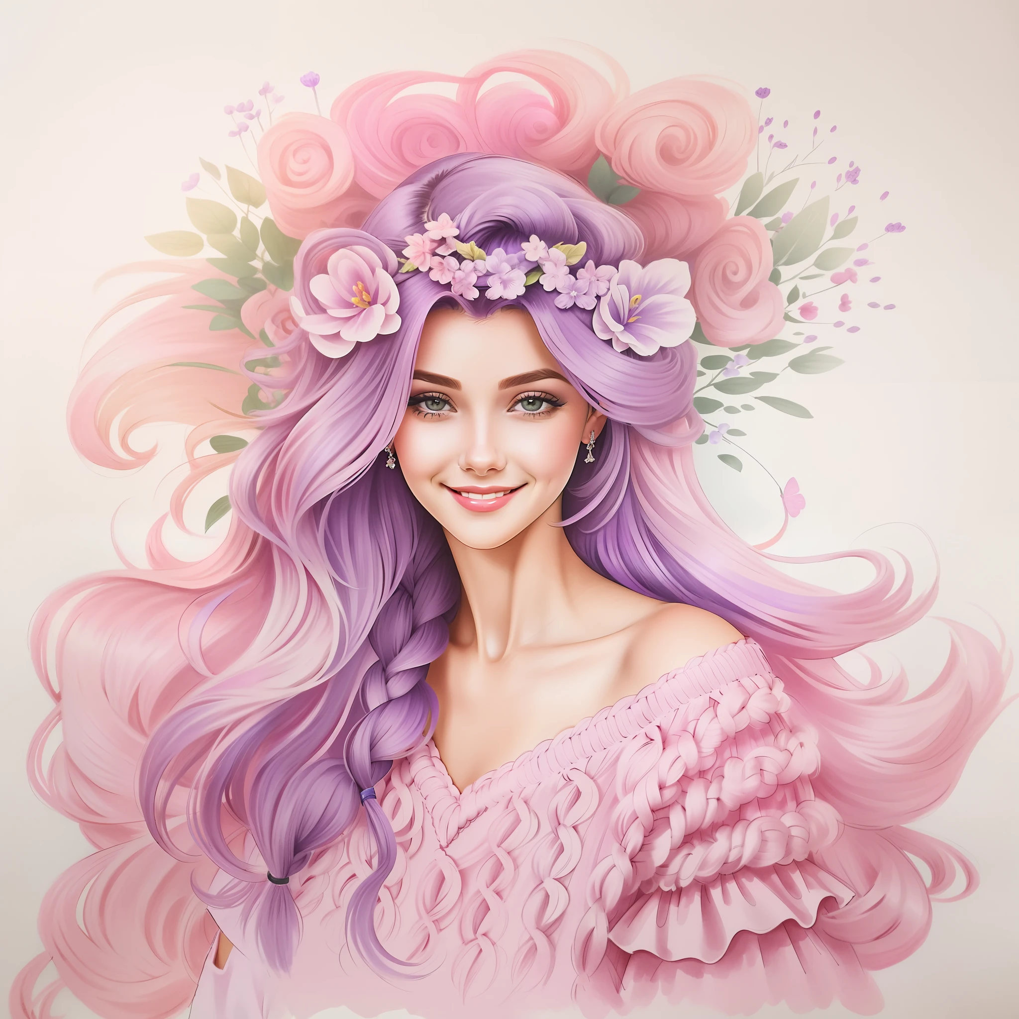 a drawing of a smiling woman with long purple hair and a pink sweater, long braided purple hair, cabelo longo violeta, Estilo de desenho bonito, cabelo de lavanda, lilac hair, estilo de arte impressionante, cabelo longo roxo, girl with plaits, retrato do cabelo roxo da mulher, cabelo violeta, cabelo roxo, longos cabelos roxos claros, detailed fashion illustration, Cor violeta, ela tem cabelo roxo