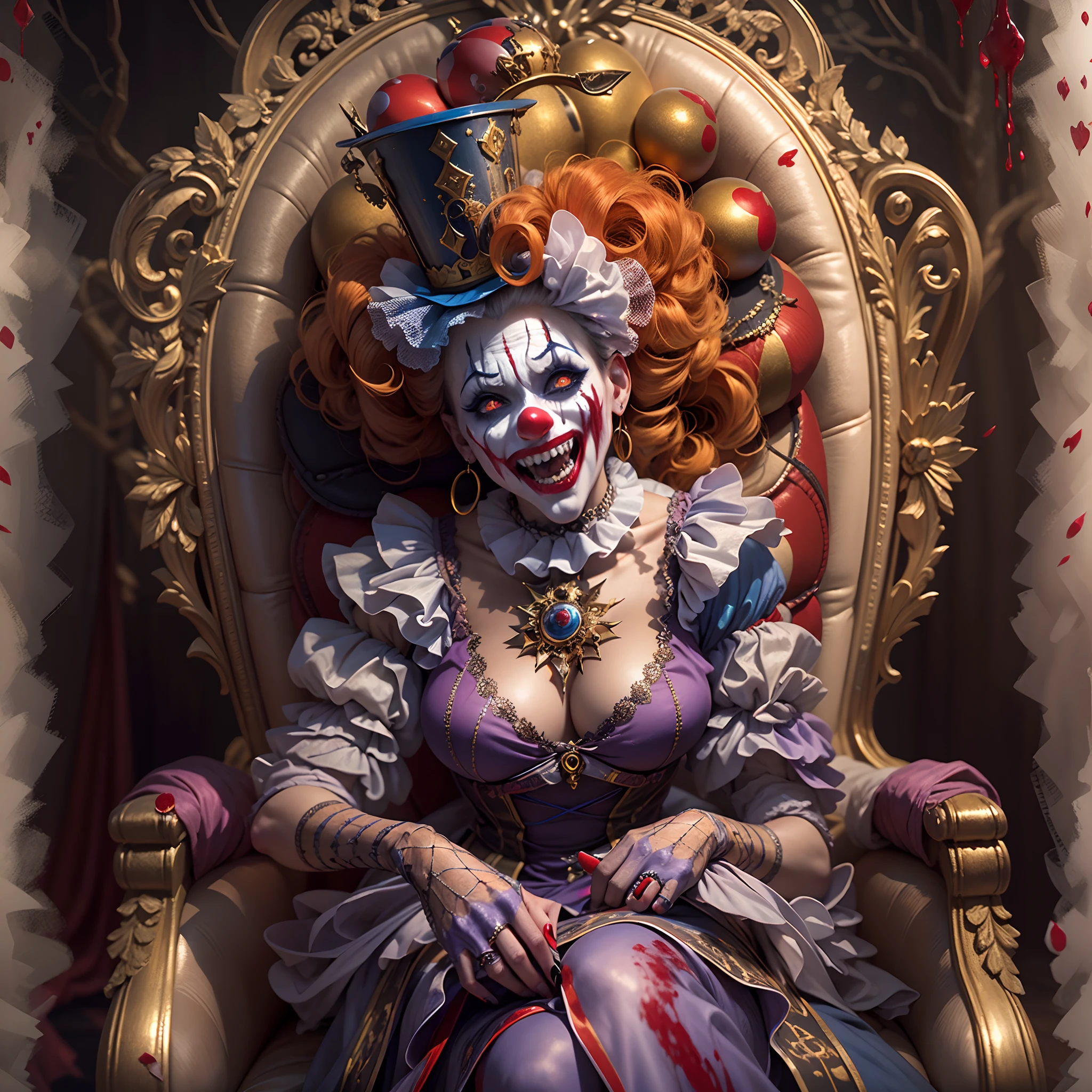 Crazy Clown Queen, sitting on a golden throne, Wear a clown hat, Clown costume, mitts, vivd colour, Laughing, Deep blonde hair, Cute breasts, Terrifying , Wavy hair, Bun, and high heels. Blood, Circus props, spooky ambiance, haunted background. Surrealist style, Sharp contrast, ominous lighting, high-density imaging review, Ultra-high definition, Studio lighting, Like a painting, ultra-fine painted, Sharp focus, physically-based renderingt, Extreme detail description, professional (Horror )