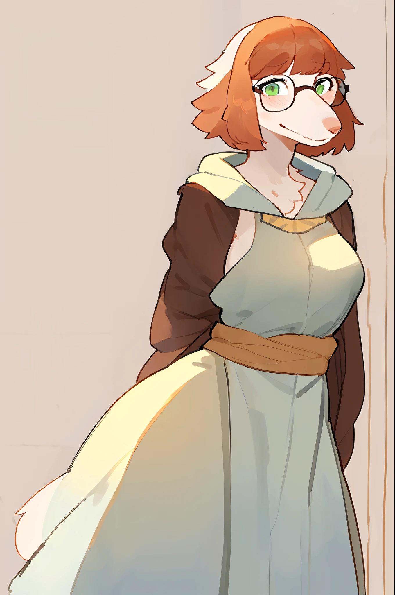 Solo, female, standing, by bigcozyorca, by bebebebebe, by buta99, ((borzoi, long snout, hair, bangs)), ginger hair, short hair, white fur, green eyes, big nose, medium breasts, linen tunic, cloak, glasses, hands behind back