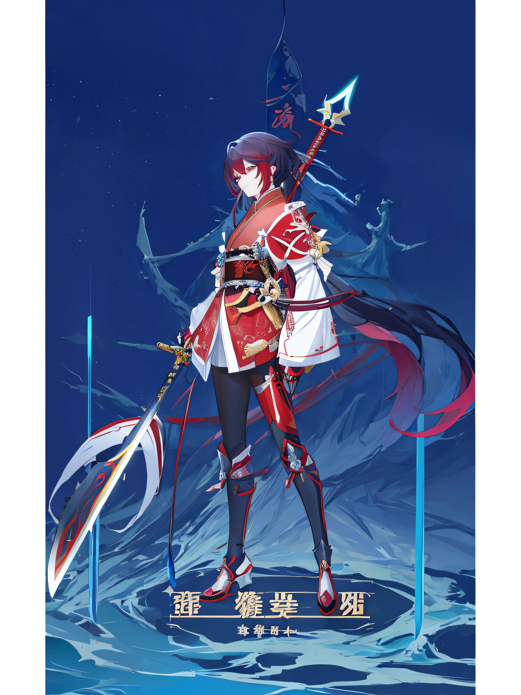 Anime characters with swords and swords in front of red background, Keqing from Genshin Impact, Katana Zero video game character, zhongli from genshin impact, Inspired by Cao Zhibai, Inspired by Bian Shoumin, heise jinyao, Anime figure, sengoku - era art style, anime style character, Inspired by the warm tones of Zhao Yuan's red hair