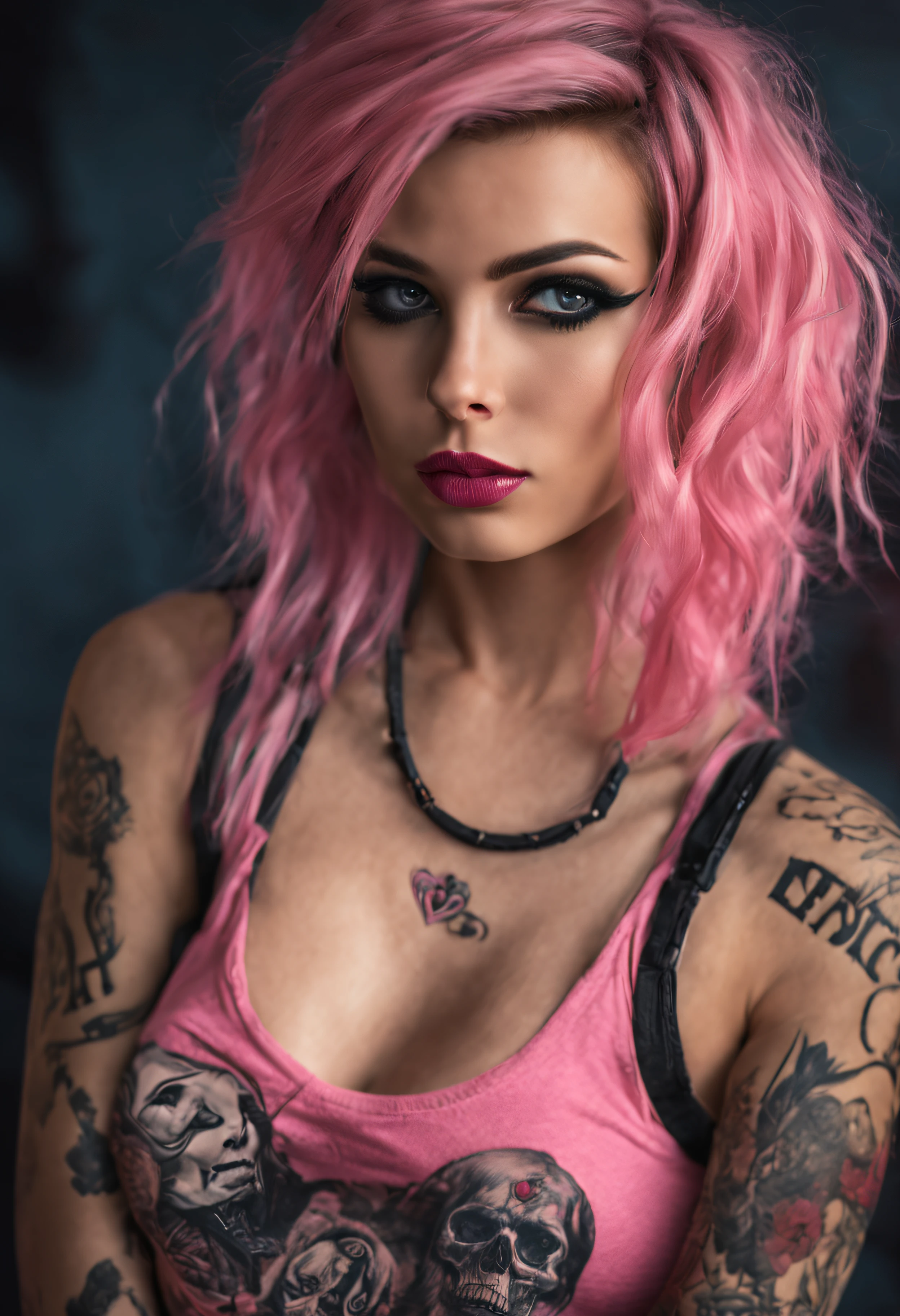 Young adult woman 22 years realistic, sexy con tetas medianas, estilo punk moderno parecida a harley queen, con pelo largo color rubio y un poco rosado, con un tatuaje de corazon roto en el escote para la imagen de perfi