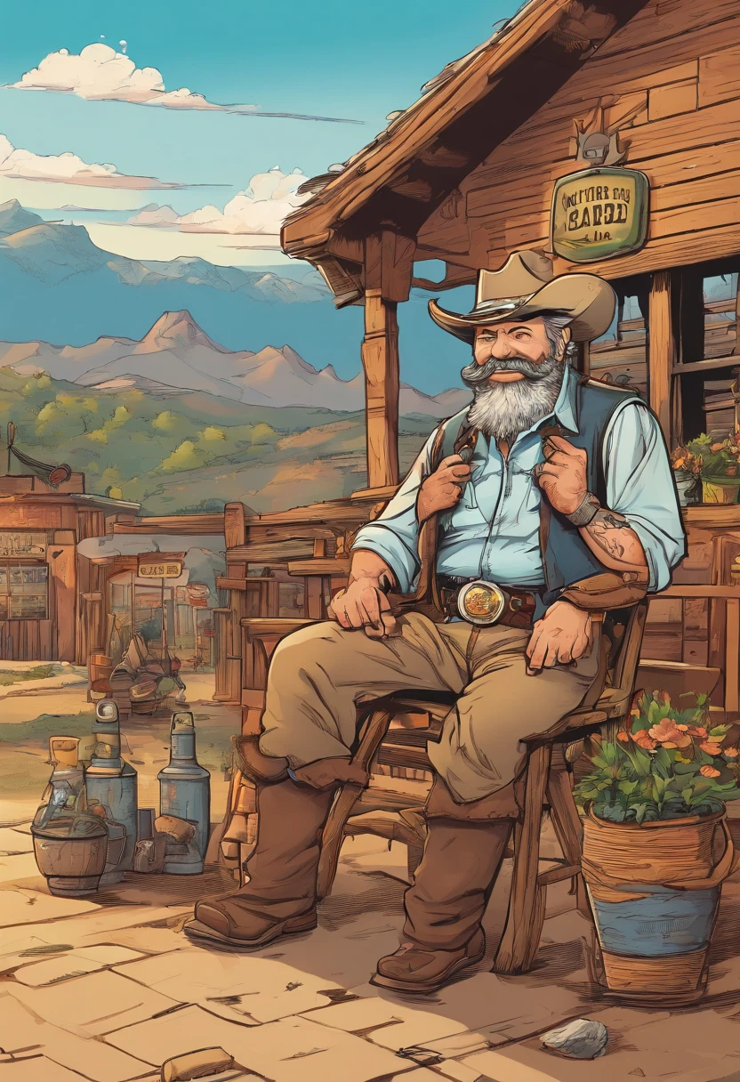 ultra detailed illustration caricature ,A 70-year-old fat cowboy sits in a rocking chair on the front porch of a saloon in Texas. He is smiling and wearing a leather hat, chaps, and boots. The cowboy wearing a bandana around his neck, He has a Winchester rifle slung over his shoulder. a few other people sitting on the porch of the diner, watching the cowboy, The sun is setting, and the air is dusty, (tetradic colors), inkpunk, (ink lines:1.1), strong outlines, art by MSchiffer, bold traces, unframed, high contrast, (cel-shaded:1.1), vector, 32k resolution, best quality, flat colors, flat lights, Masterpiece, Best quality, ultra highres, .RAW, ((Riad)),