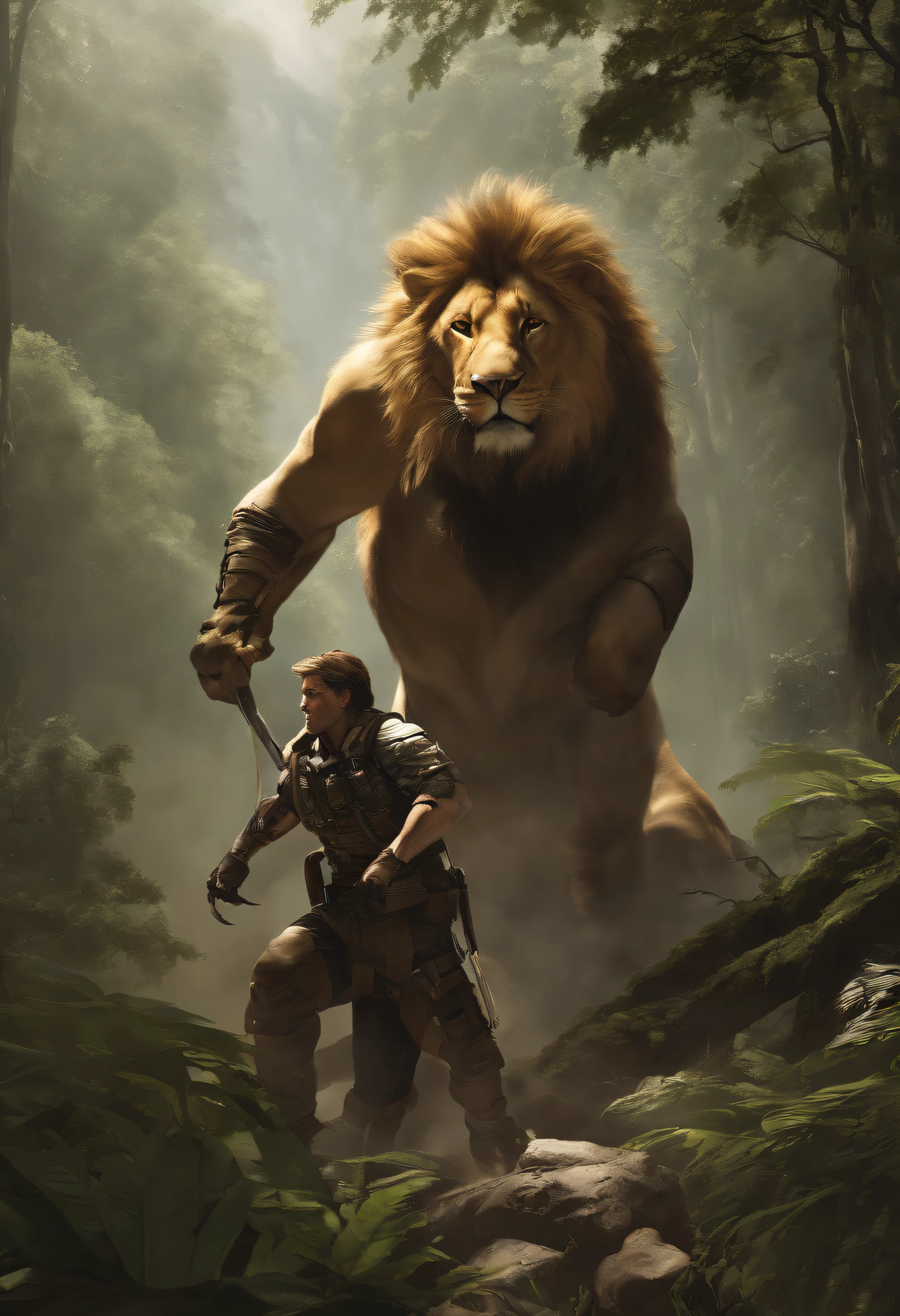 Lucas Bracey, Man hunting in the middle of the forest a ferocious lion , 8k, Foto RAW, (pele altamente detalhada: 1.2), (exposta: 1.1), (Costas expostas: 1.5), , (Vista de cima para baixo:1.5), ((::Jae Lee e Joe Madureira estilo ::2.0 comix illustration style,Estilo Tatoon ,, (fundo bonito e claro:1.2),, fantastic paintings , ::Jason Fabok e estilo Yoji Shinkawa ::2.0 comix illustration style,Estilo Tatoon , Comic book style , (fundo bonito e claro:1.2),, fantastic paintings ,estilo grafite; master part, melhor qualidade, alta qualidade, extremamente detalhado CG unidade 8k papel de parede, scenecy, fotografia premiada, HDR, extremamente detalhado, trending on ArtStation, trending in cgsociety, intrincado, High detail, Arte por Midjourney Style::JKenneth Rocafort ESTILO ::2.9 (master part:1.2, melhor qualidade), (belos olhos finamente detalhados: 1.2),