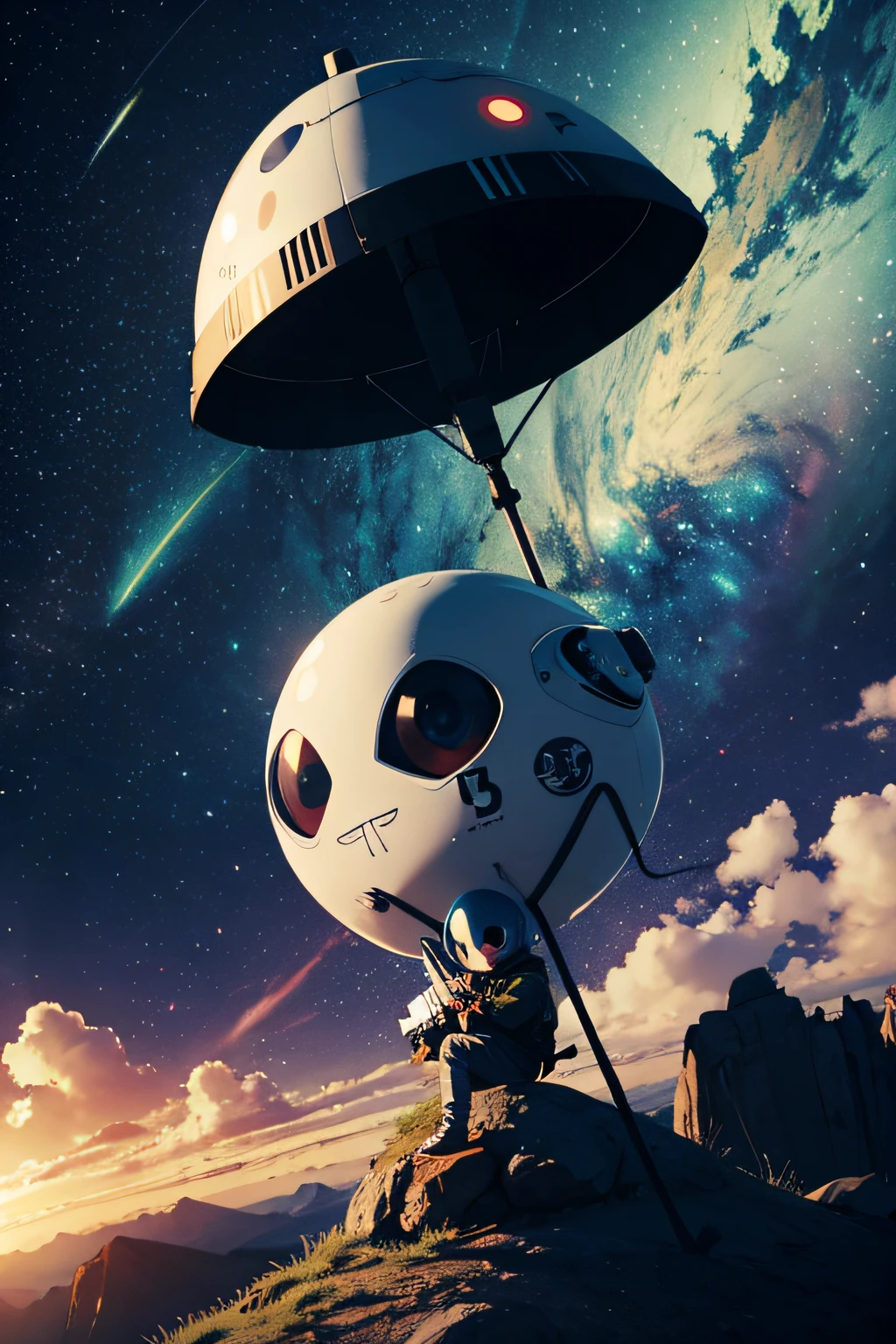 A flag with a cute little alien on it sitting on his ufo