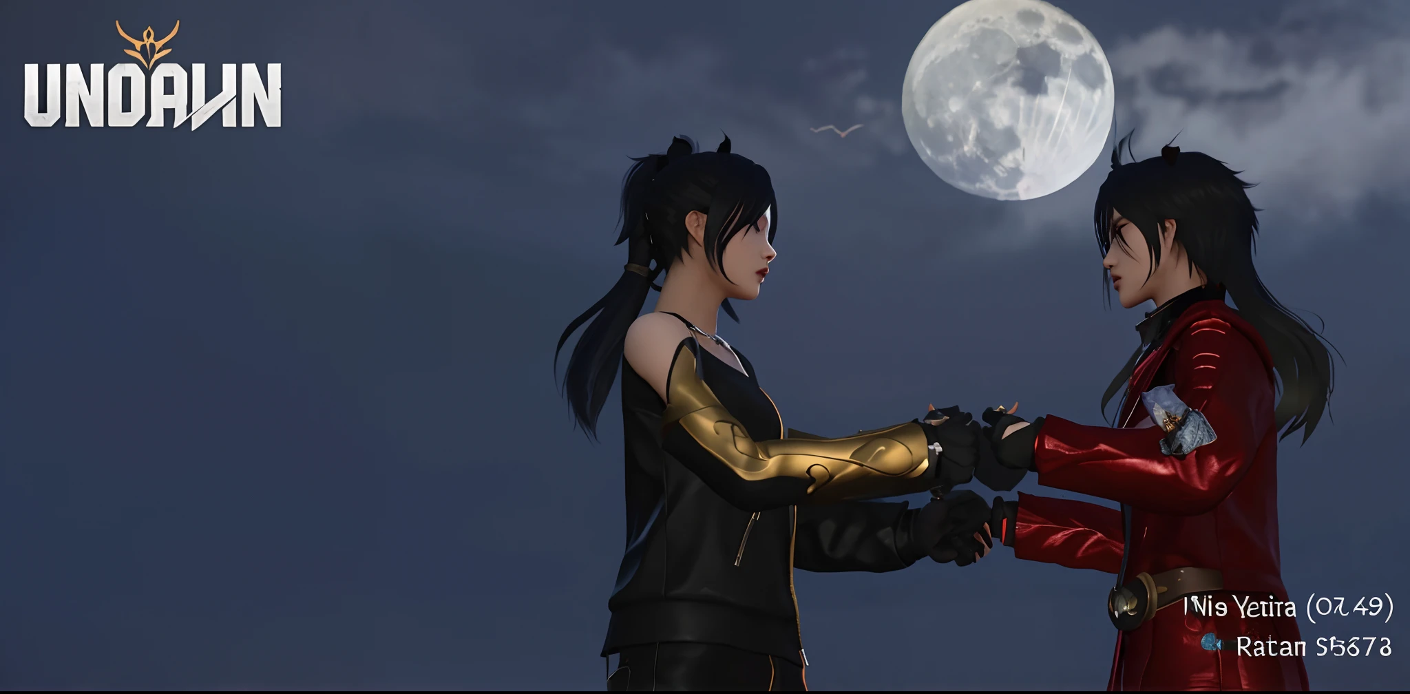 there are two people standing in front of a full moon, cassandra cain in satin, inspired by Yang J, noire moody scene, an edgy teen assassin, moons in background, cassandra cain, tifa lockheart, realistic scene, holding a pair of fans. unreal 5, in game, second life avatar, tifa lockhart, as a character in tekken