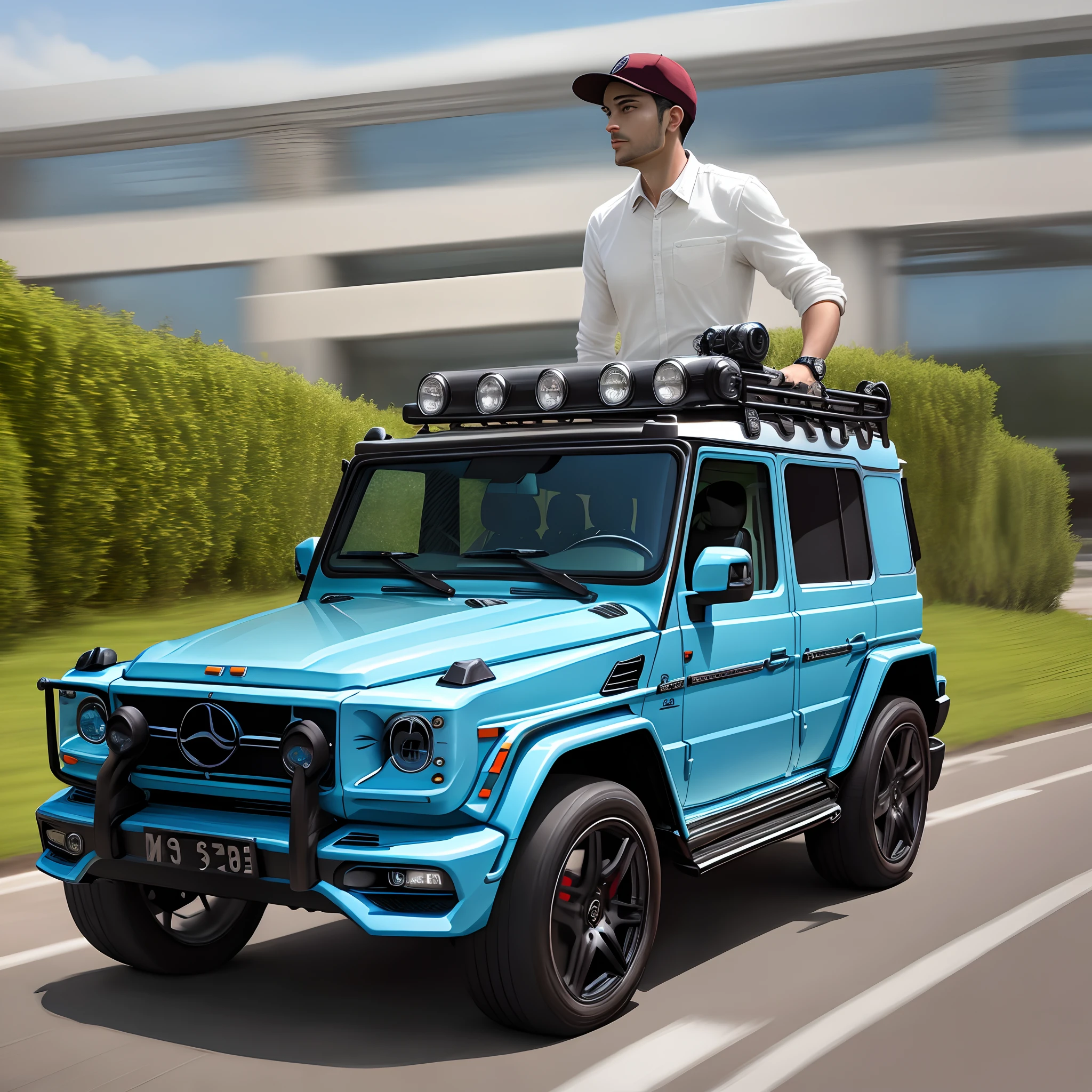 G wagon car background and walking man on front