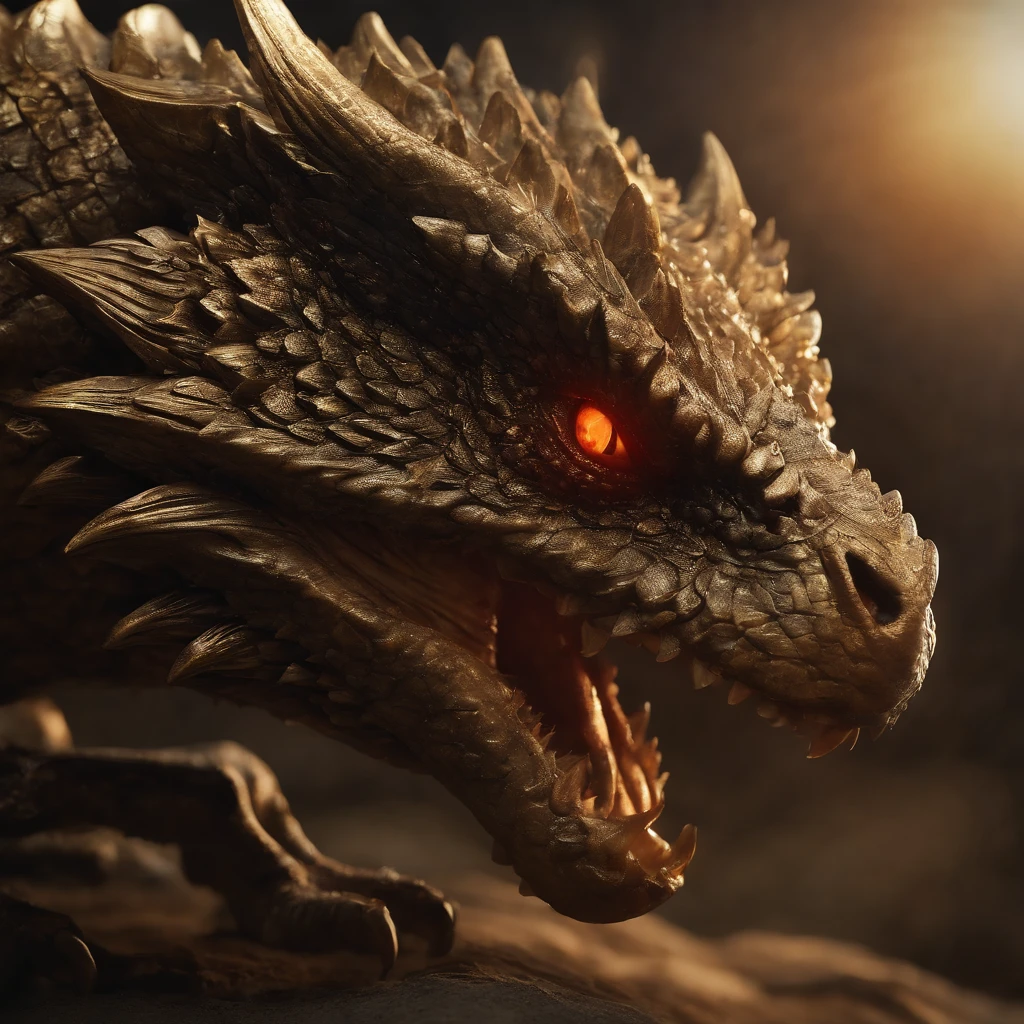 Golden Tenryu,Harsh red eyes,Close-up release of blood fire from the nose,Chest scales,high high quality,8K,Many details,Fire lettuce,Alas,4 legs,Spotted claws,golds,dangers,fires,dentes pontiagudos,big dragon,immensity,threatening,imponent