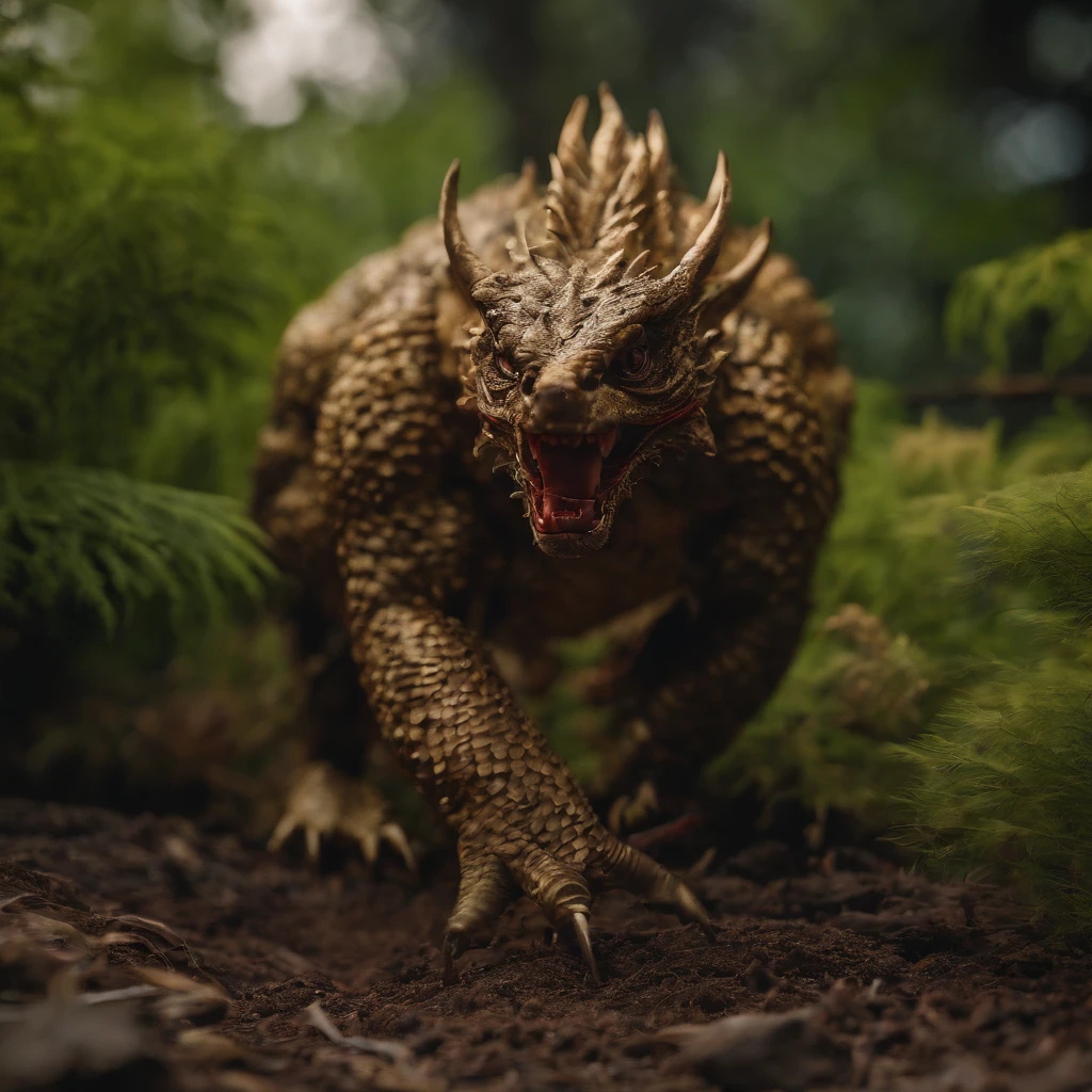 Golden Tenryu,Harsh red eyes,Close-up release of blood fire from the nose,Chest scales,high high quality,8K,Many details,Fire lettuce,Alas,4 legs,Spotted claws,golds,dangers,fires,dentes pontiagudos,big dragon,immensity,threatening,imponent