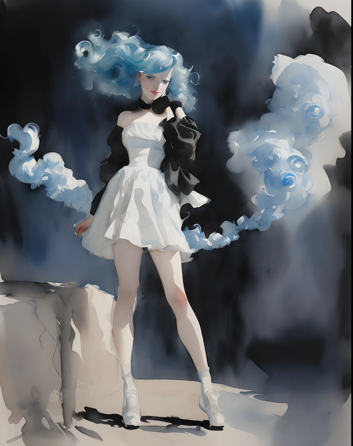 (best quality), ((masterpiece)), 8k 20 year old, blue hair girl, alluring, wavy short hair (((upturned eyes))) cute, coquette, smiling ((strapless white dress)) (black_jacket) slender build, smoke ((corkscrew hairstyle)) ((( John Singer Sargent watercolor sketch )))