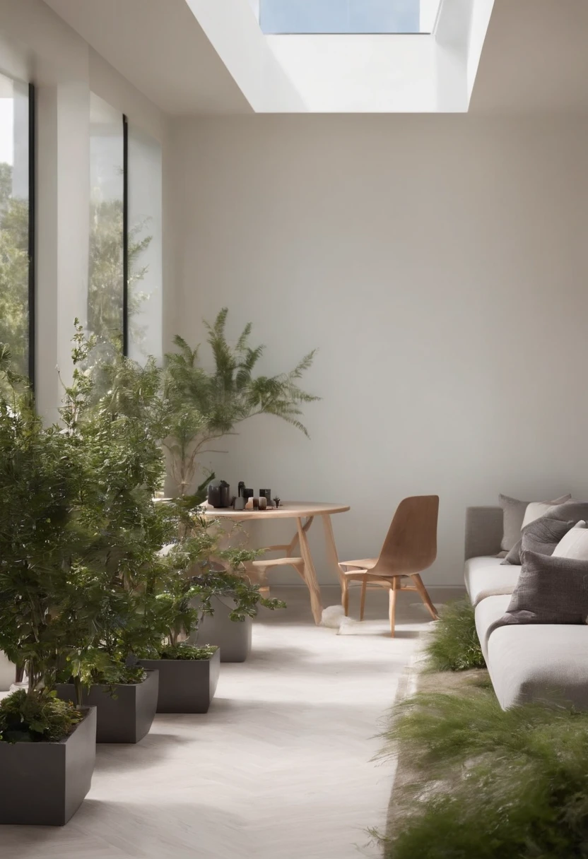 Highlight how the interior garden merges harmoniously with the modern décor of the room. Descreva os materiais utilizados, como madeira e pedra, to create a smooth transition between the interior space and the garden. Emphasize how this integration brings a sense of calm and serenity to the environment.