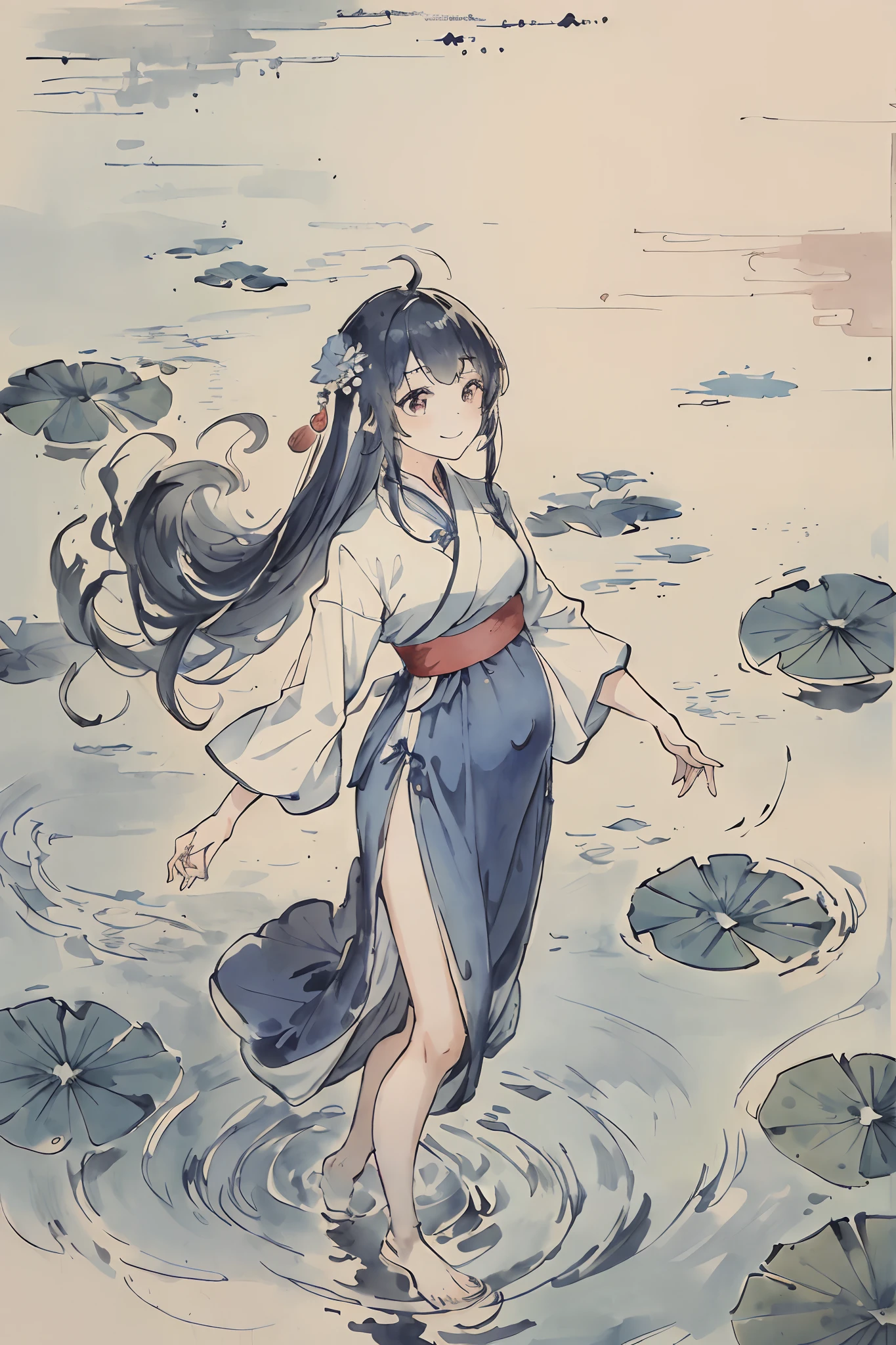 ((4k,masterpiece,best quality)), shuimobysim, traditional chinese ink painting, lotus, hanfu, maxiskit, dress conservatively 1girl, solo, long blue hair, smile, standing, feet in the water, barefoot, Pregnant