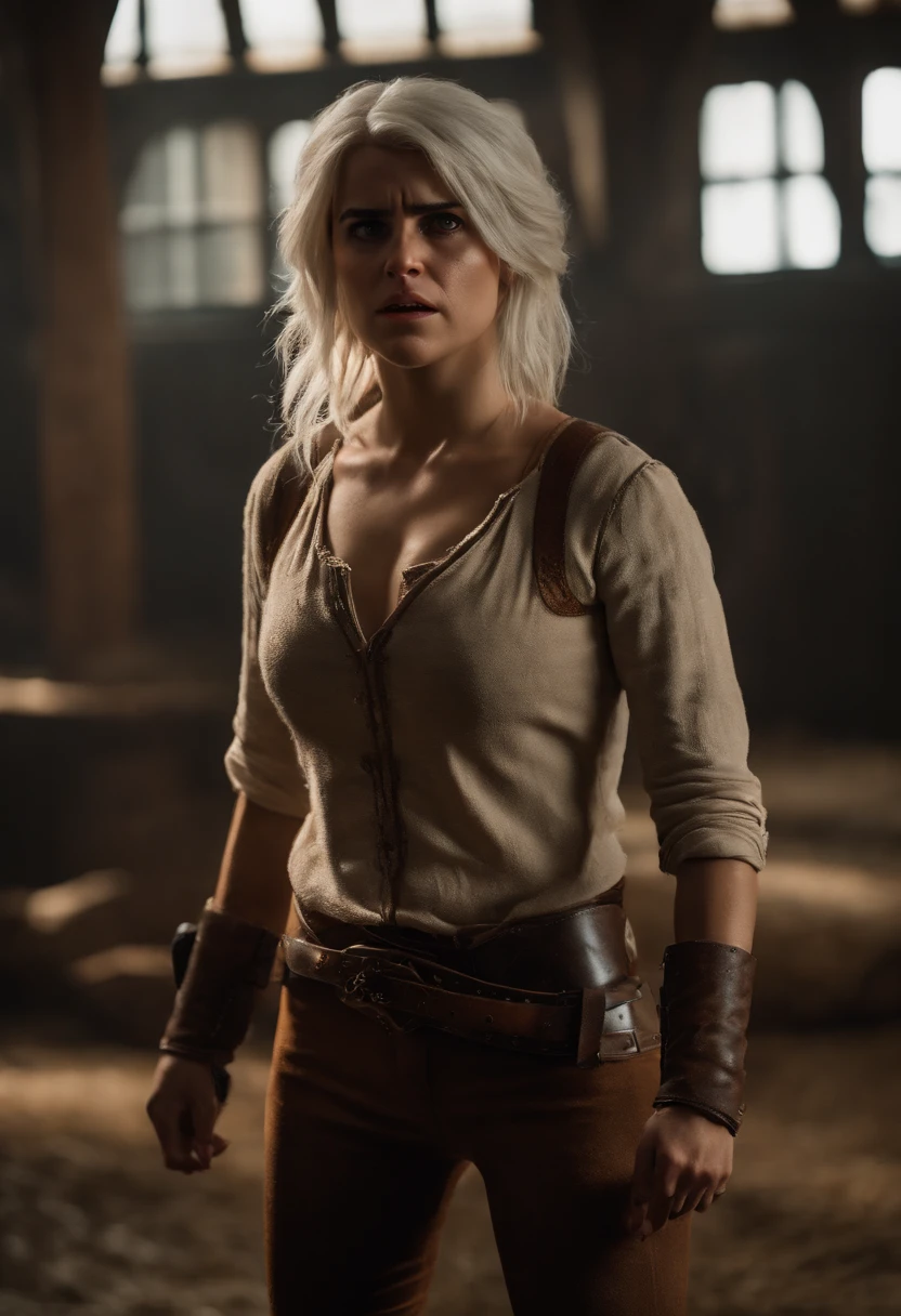 She At A Gun Point,Ciri From The Witcher III, (((pee stain))), brown leggings, worried, embarrassed, (standing)(((scared)))